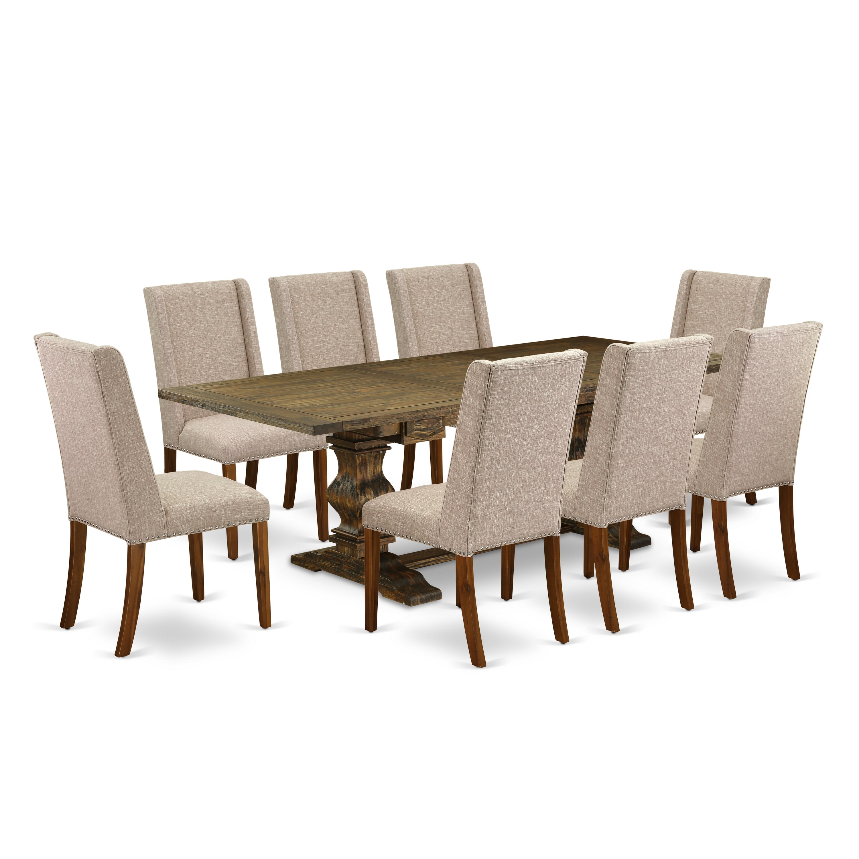 Juego de mesa de comedor de 9 piezas East West Furniture LAFL9-78-04. Incluye una mesa de comedor rectangular con hojas de mariposa y 8 sillas tapizadas en tela de lino color tostado claro.