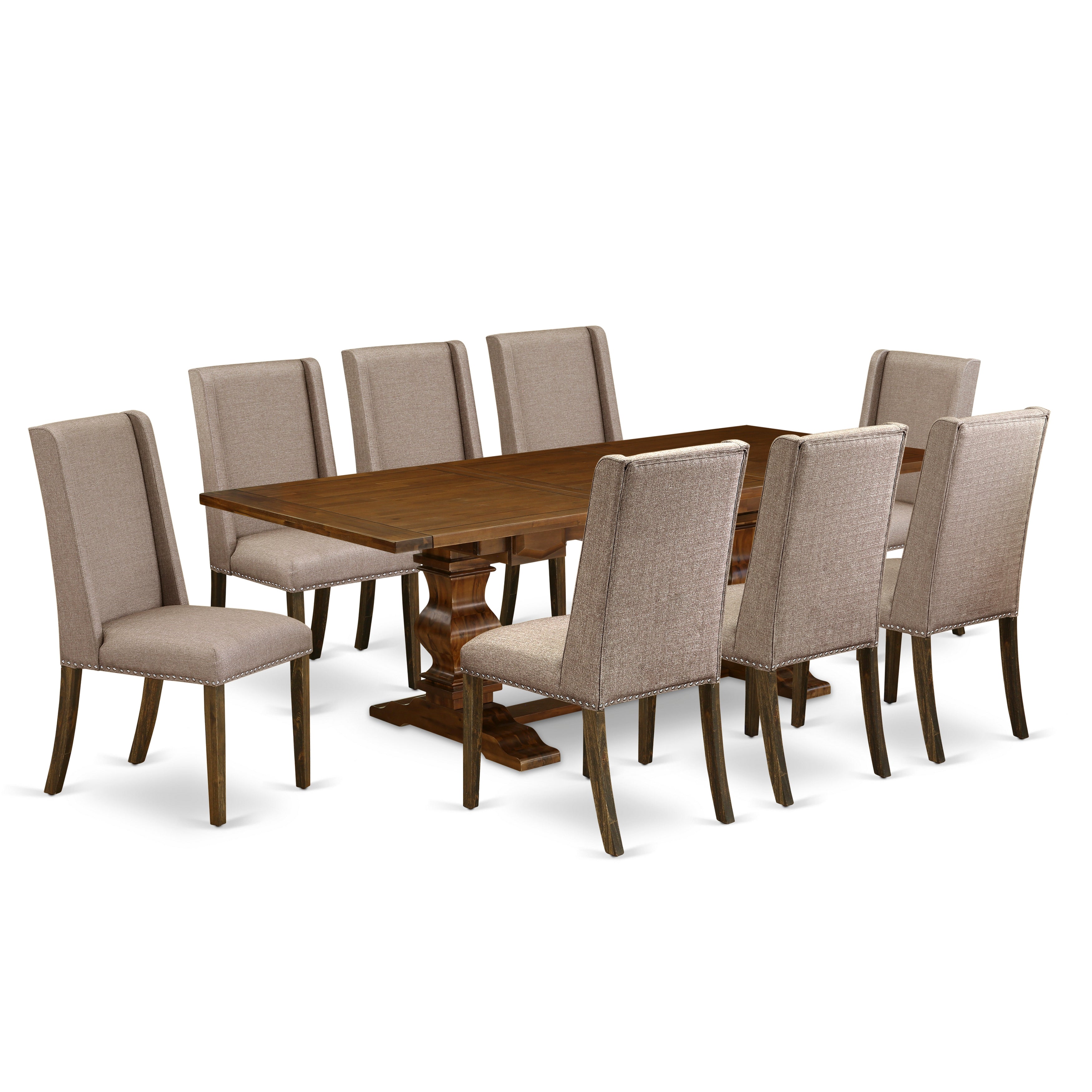 El juego de mesa de comedor de 9 piezas East West Furniture LAFL9-87-16 incluye una mesa de comedor rectangular con hojas de mariposa y 8 sillas Parsons de tela de lino color caqui oscuro.