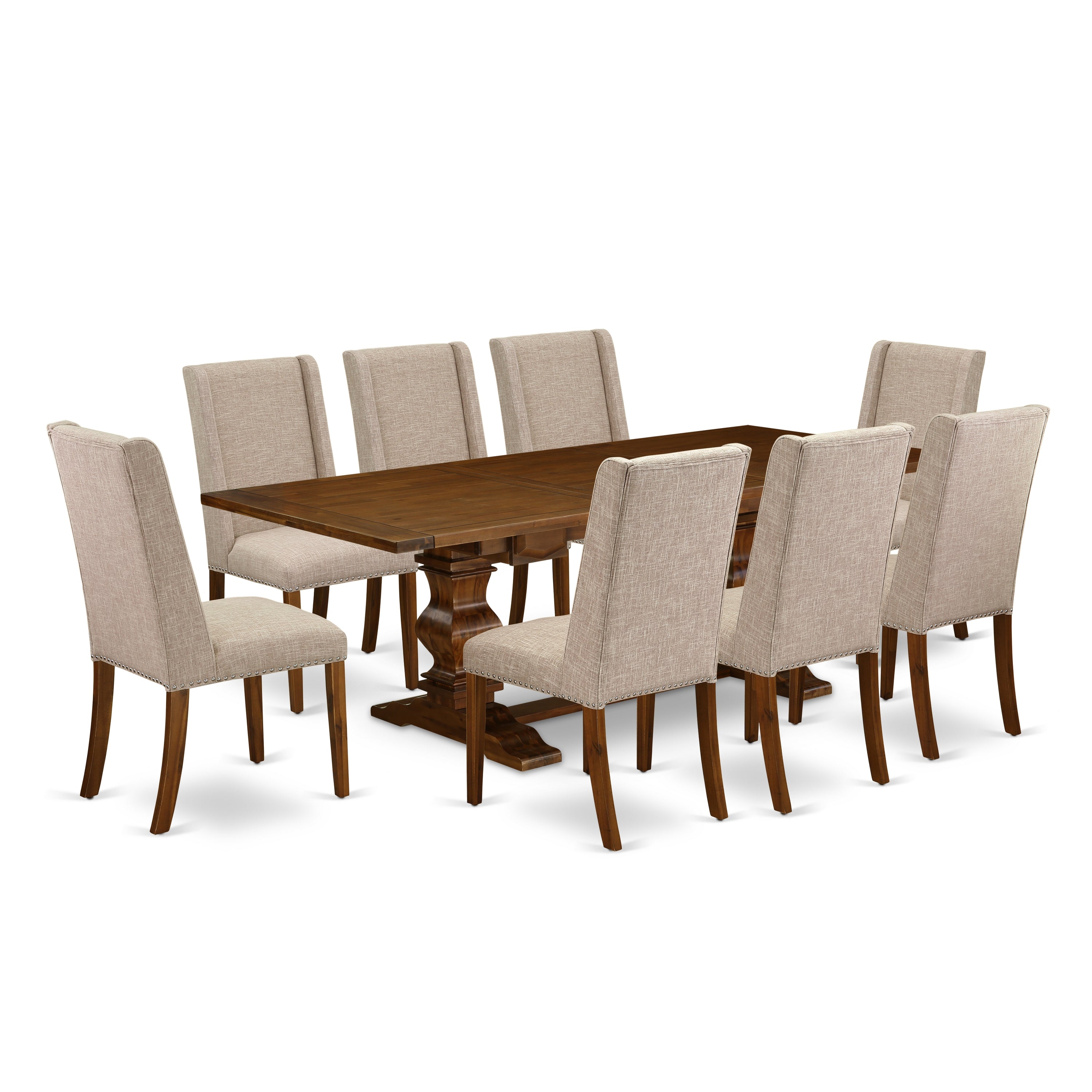 East West Furniture LAFL9-88-04 9-pc kitchen table and chairs with Chair�s Legs and Clay Linen Fabric dining chairs set of eight and rectangular table - Antique Walnut Finish