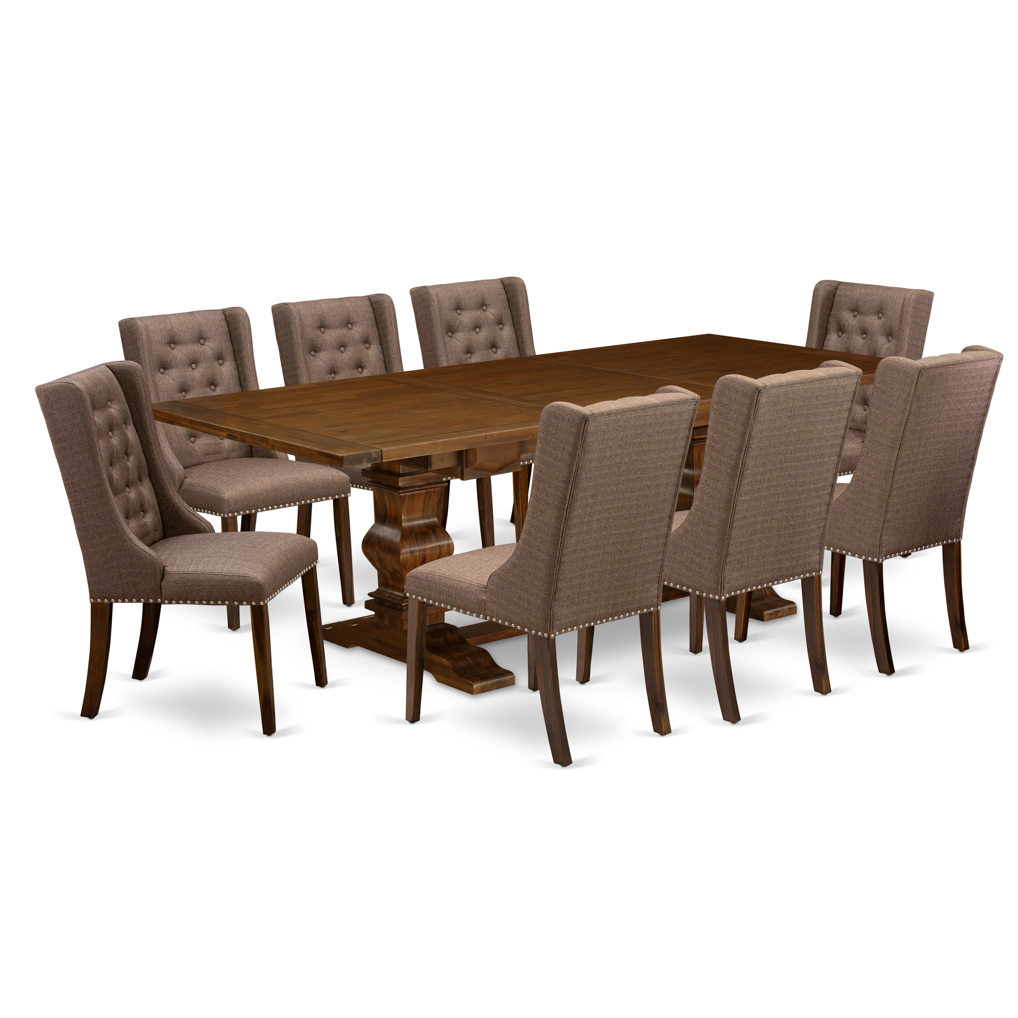 East West Furniture LAFO9-88-18 9-Pc Dining Table Set Includes 1 Butterfly Double Pedestal Dining Table and 4 Brown Linen Fabric Dining Room Chairs with Button Tufted Back - Antique Walnut Finish