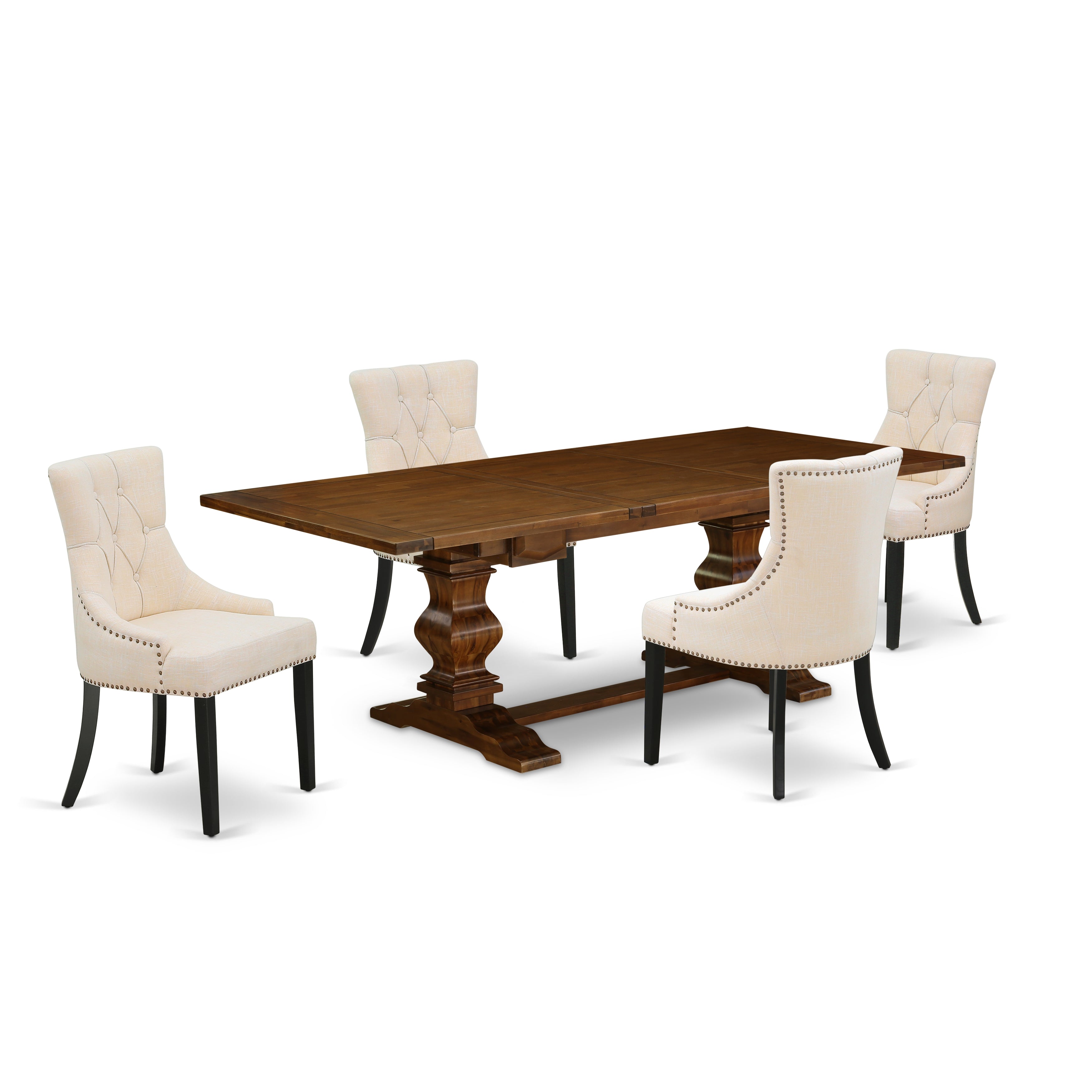 Juego de mesa de comedor de 5 piezas East West Furniture LAFR5-81-02 para 4 personas. Incluye una mesa de cocina rectangular con diseño de hojas de mariposa y 4 sillas Parsons de tela de lino beige claro.