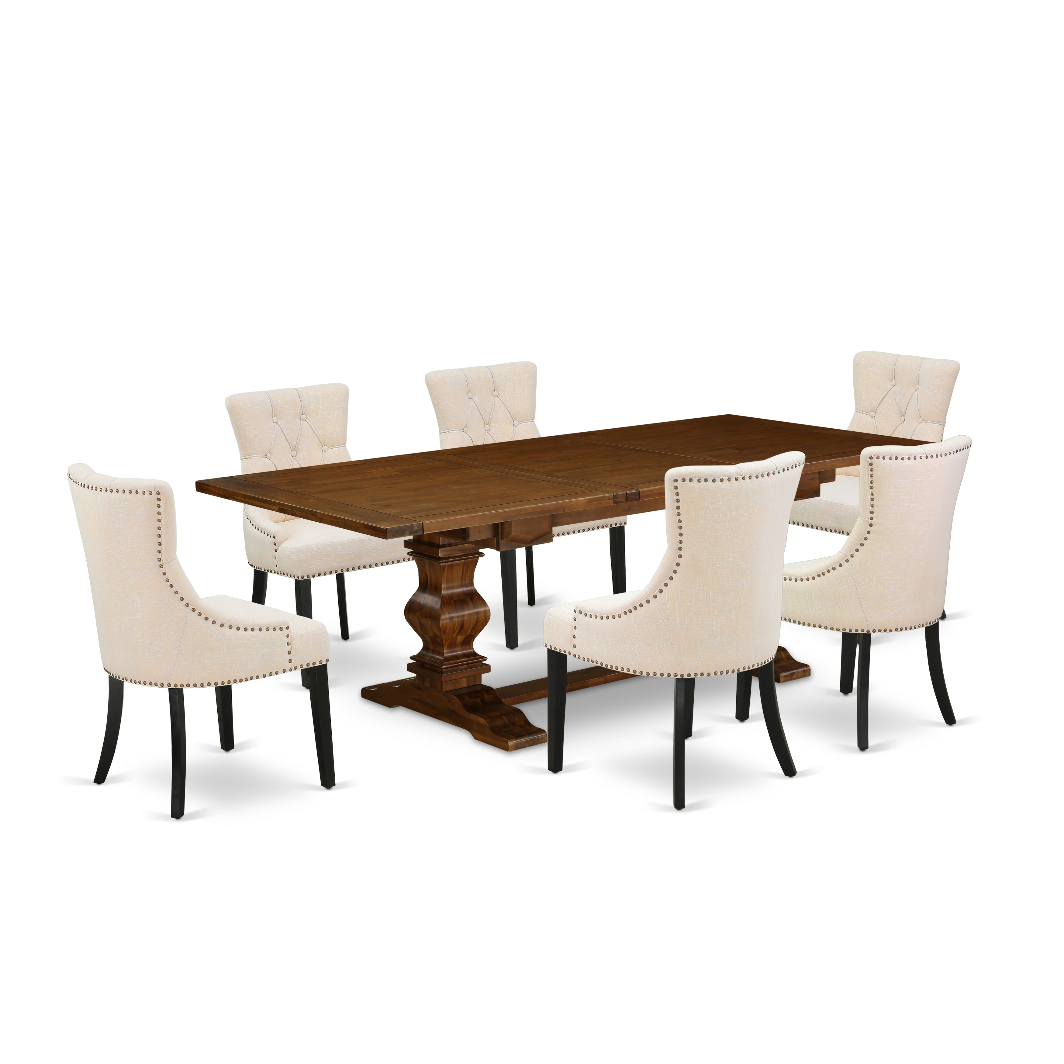 East West Furniture LAFR7-81-02 7-pc dining table set with Chair�s Legs and Light Beige Linen Fabric accent chairs Set of Six and attractive dining room table - Antique Walnut and Black Finish