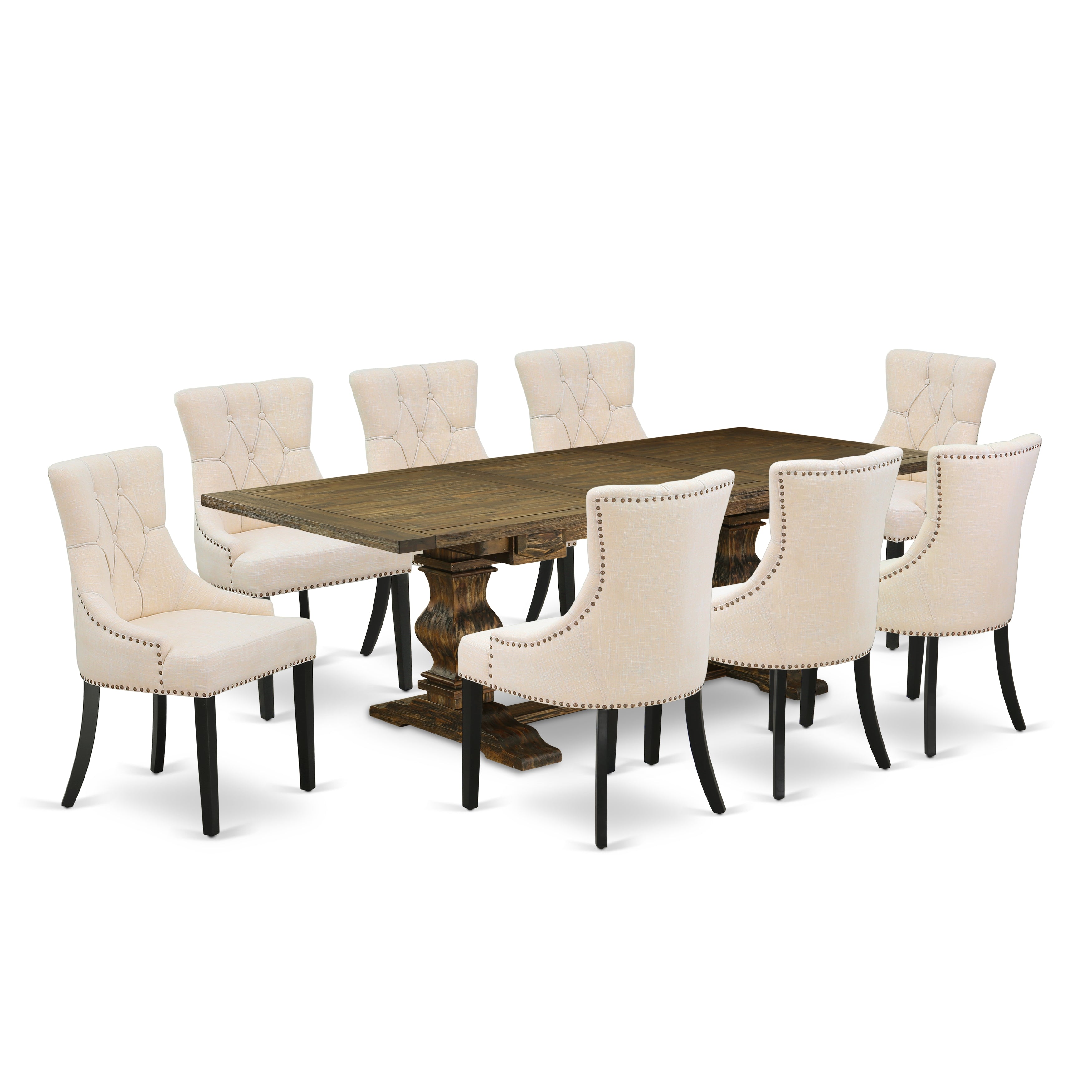 East West Furniture LAFR9-71-02 9-piece dinette set with Chair�s Legs and Light Beige Linen Fabric kitchen chairs set of eight and gorgeous dining room table - Black and Distressed Jacobean Finish