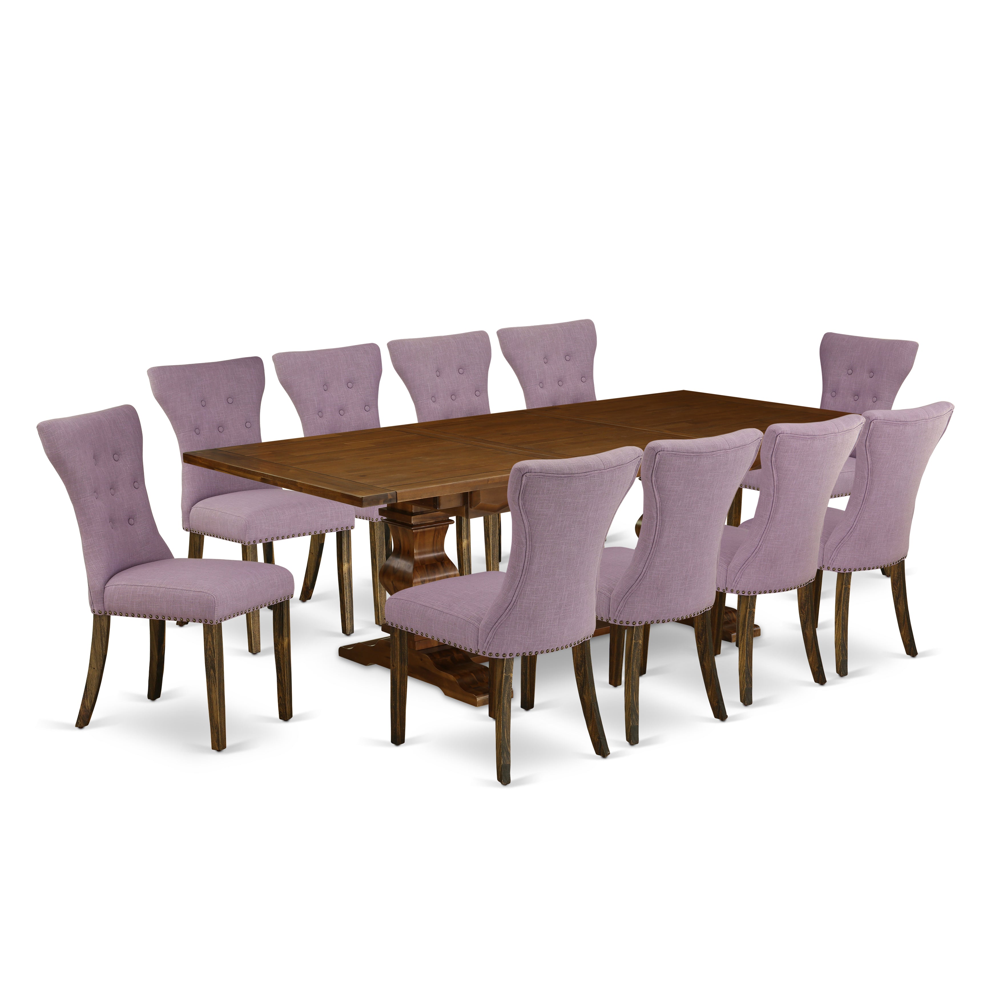 El juego de mesa de comedor East West Furniture LAGA11-87-40 de 11 piezas incluye una mesa rectangular de madera con diseño de hojas de mariposa y 10 sillas de comedor Parson de tela de lino Dahlia.