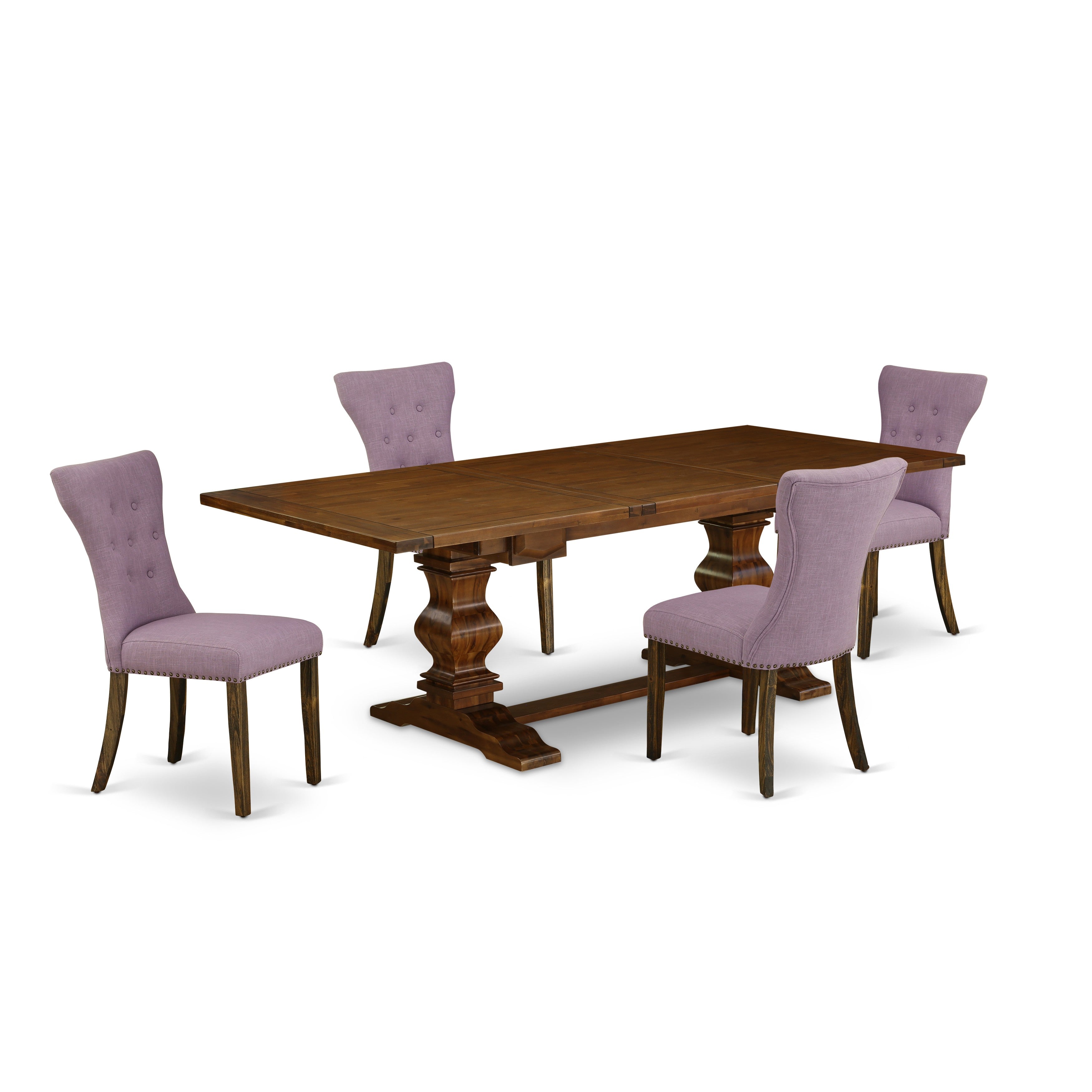 El juego de mesa de comedor de 5 piezas East West Furniture LAGA5-87-40 incluye una mesa de cocina rectangular con diseño de hojas de mariposa y 4 sillas de comedor Parson de tela de lino Dahlia.