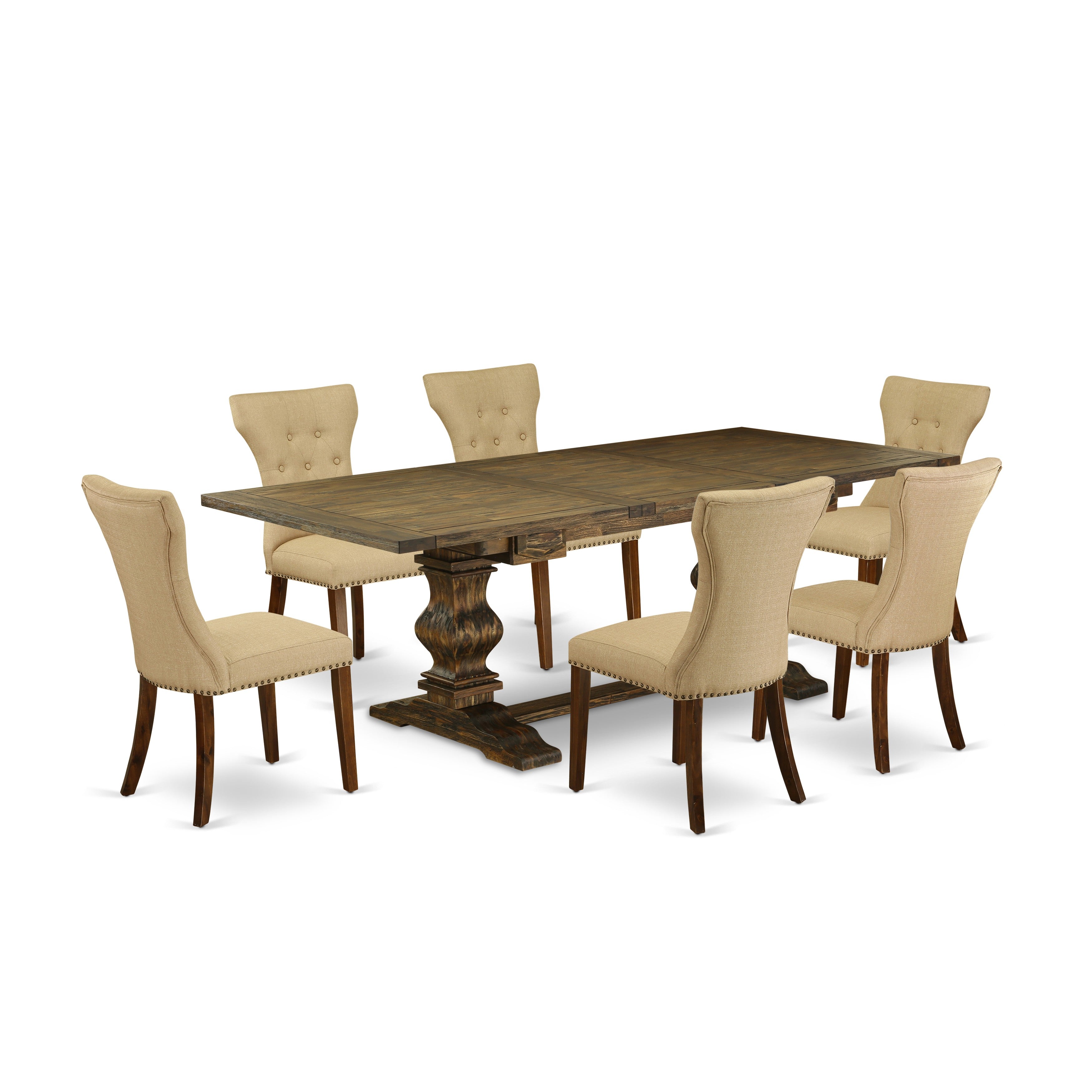East West Furniture LAGA7-78-03 7-piece dining table set with Chair�s Legs and Brown Linen Fabric dining chairs Set of 6 and dining table- Antique Walnut and Distressed Jacobean Finish