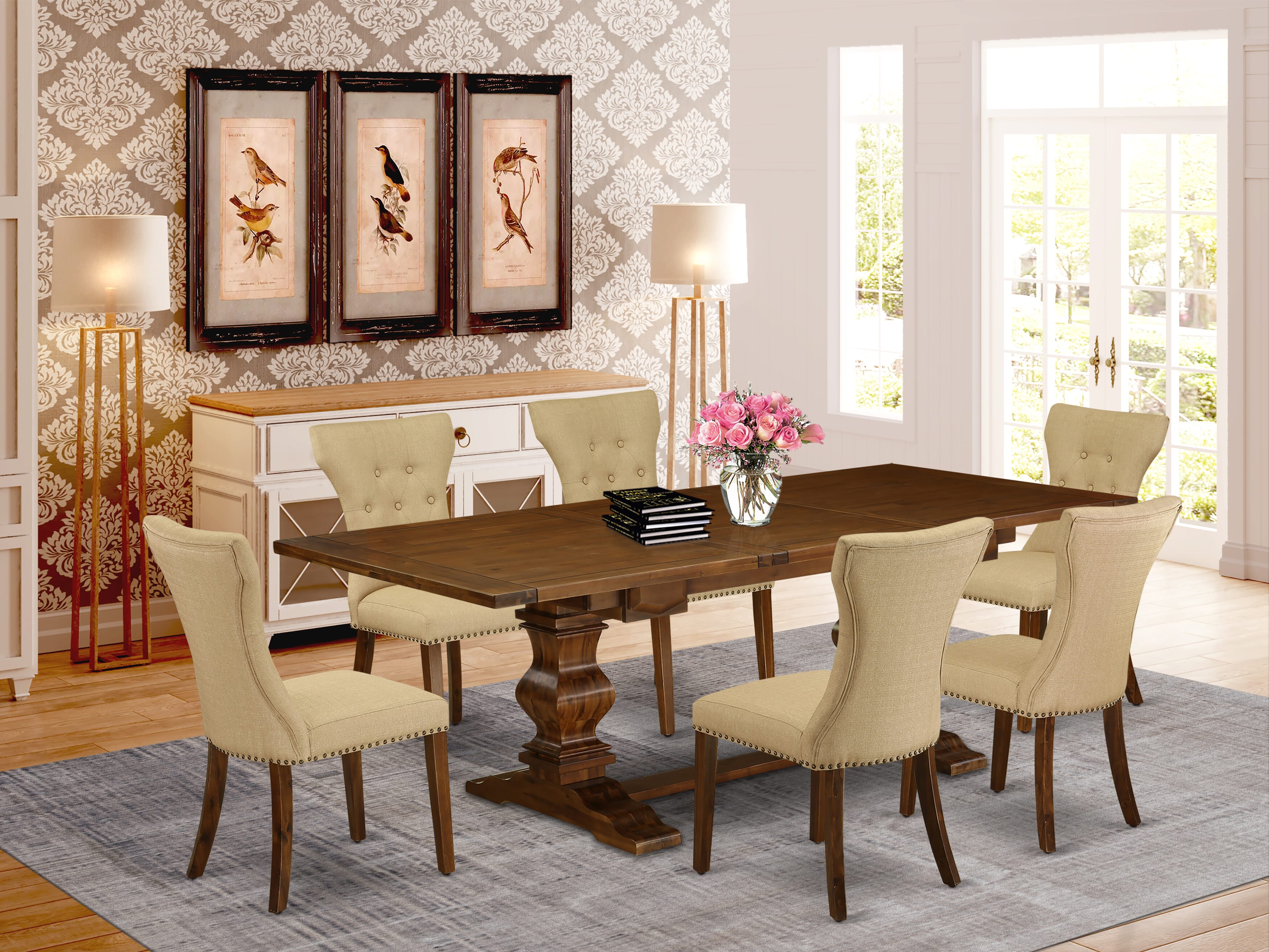 Juego de mesa de comedor de 7 piezas East West Furniture LAGA7-88-03 compuesto por una mesa rectangular de madera con hojas de mariposa y 6 sillas tapizadas en tela de lino marrón.