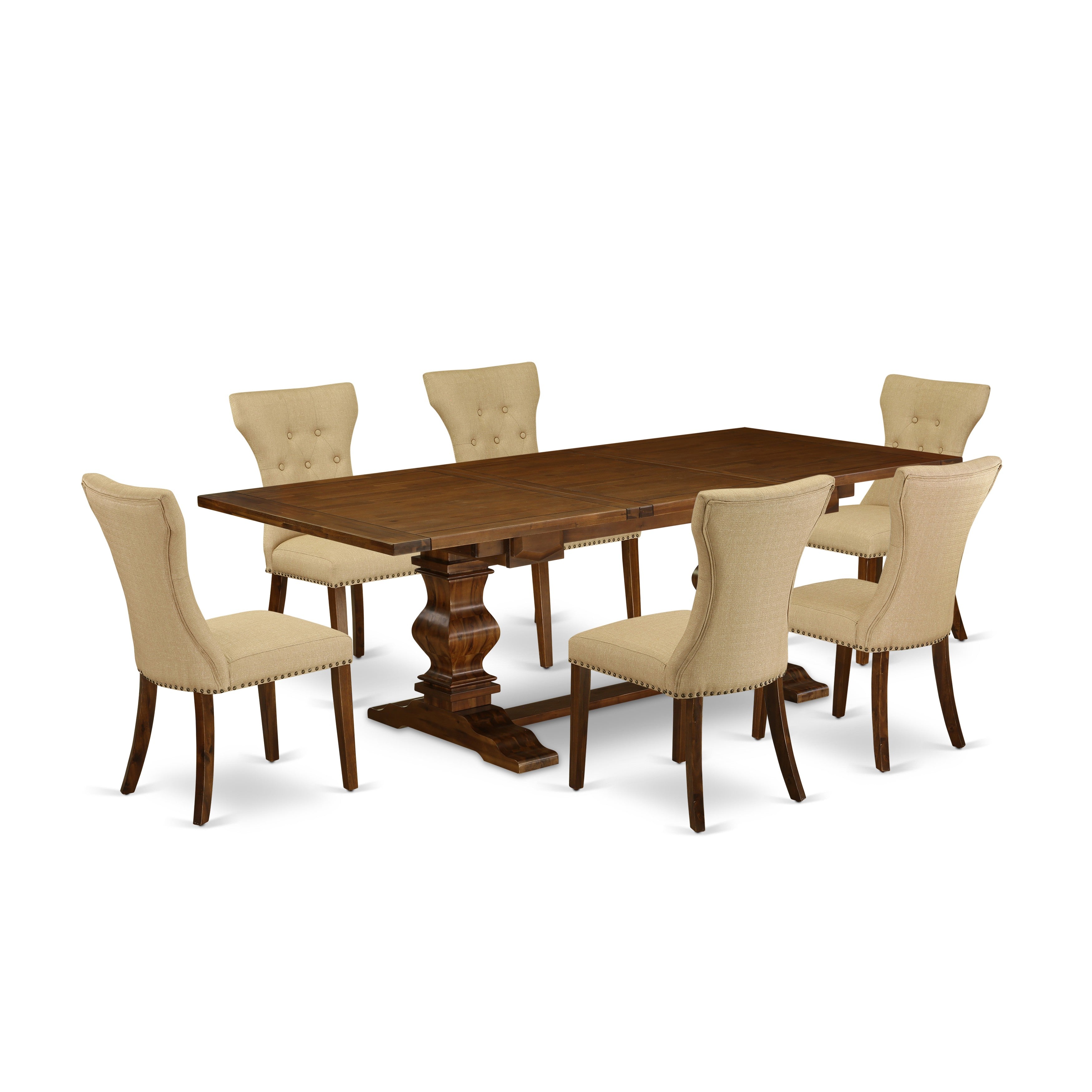 Juego de mesa de comedor de 7 piezas East West Furniture LAGA7-88-03 compuesto por una mesa rectangular de madera con hojas de mariposa y 6 sillas tapizadas en tela de lino marrón.