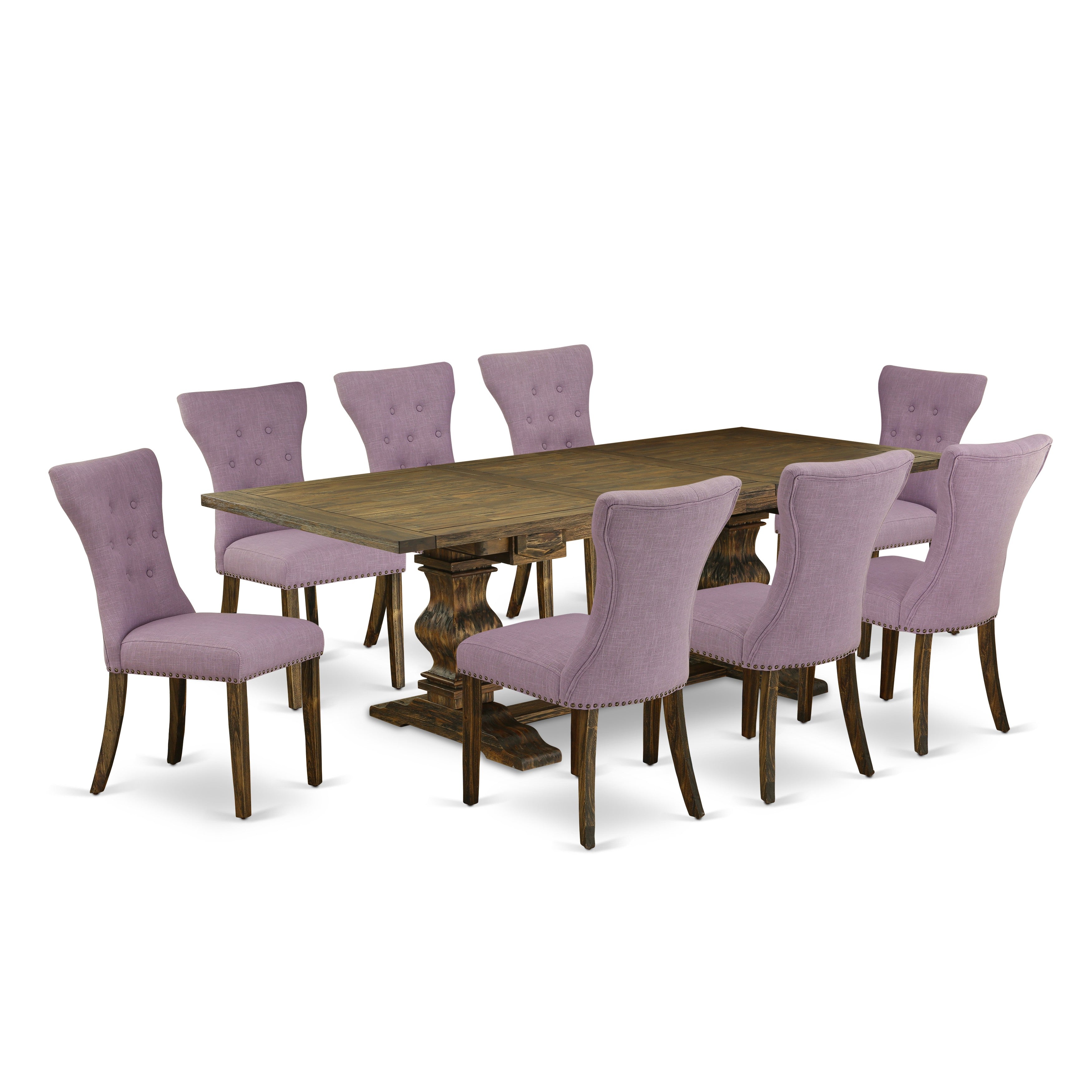 East West Furniture LAGA9-77-40 9-pieces dining table set with Chair�s Legs and Dahlia Linen Fabric parson dining chairs set of eight and rectangular table- Distressed Jacobean finish