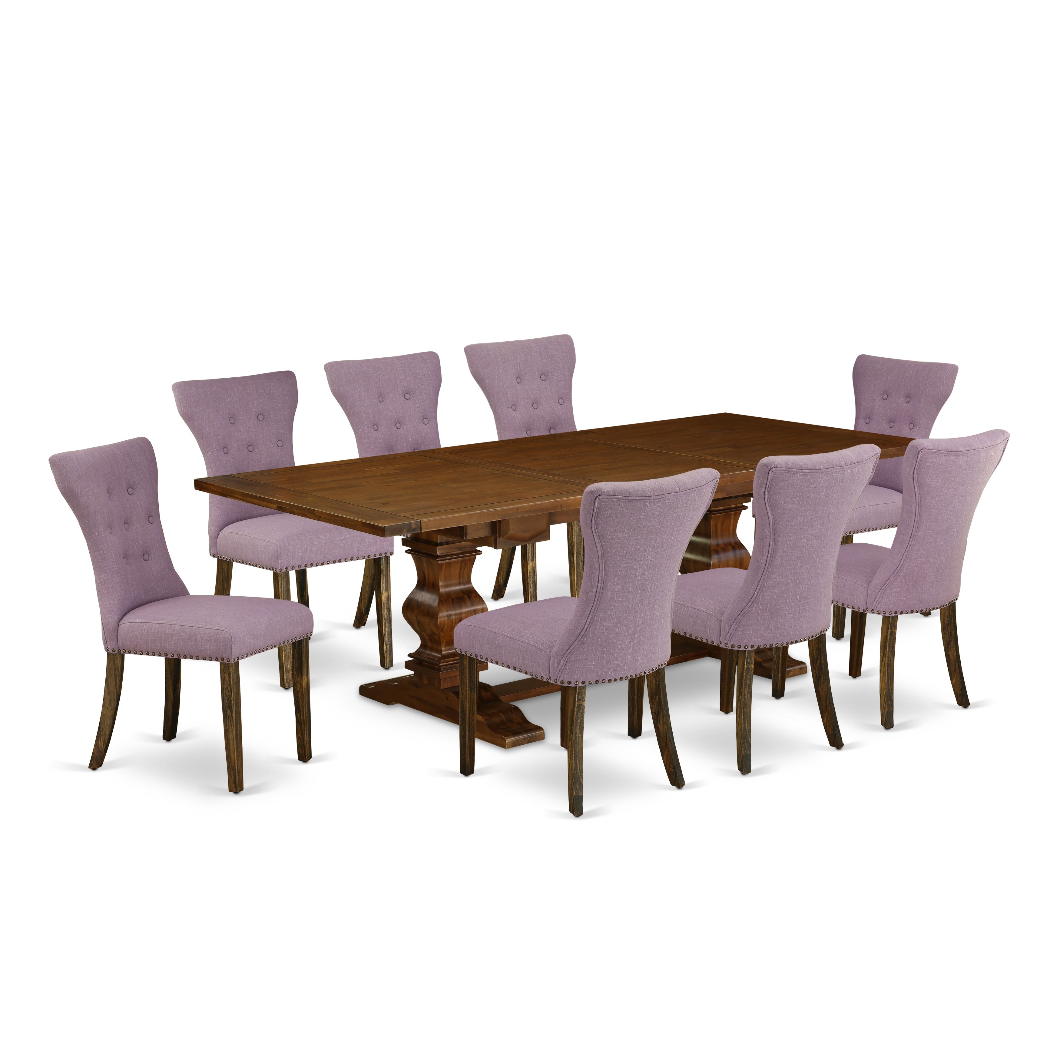 East West Furniture LAGA9-87-40 9-pc dining set with Chair�s Legs and Dahlia Linen Fabric kitchen chairs set of 8 and Wooden dining table - Antique Walnut and Distressed Jacobean Finish