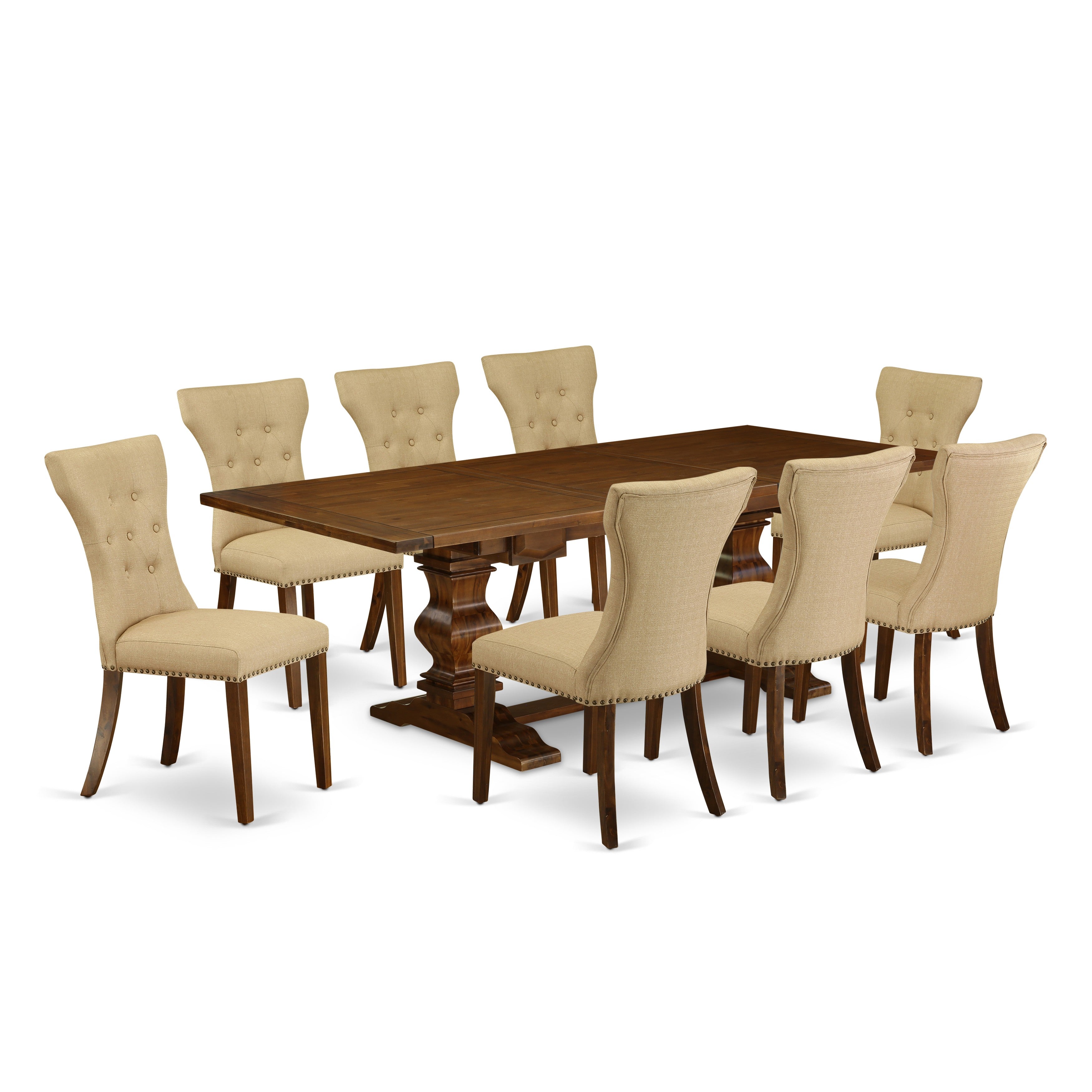 East West Furniture LAGA9-88-03 9-pc dining table set with Chair�s Legs and Brown Linen Fabric kitchen chairs set of eight and great table- Antique Walnut Finish