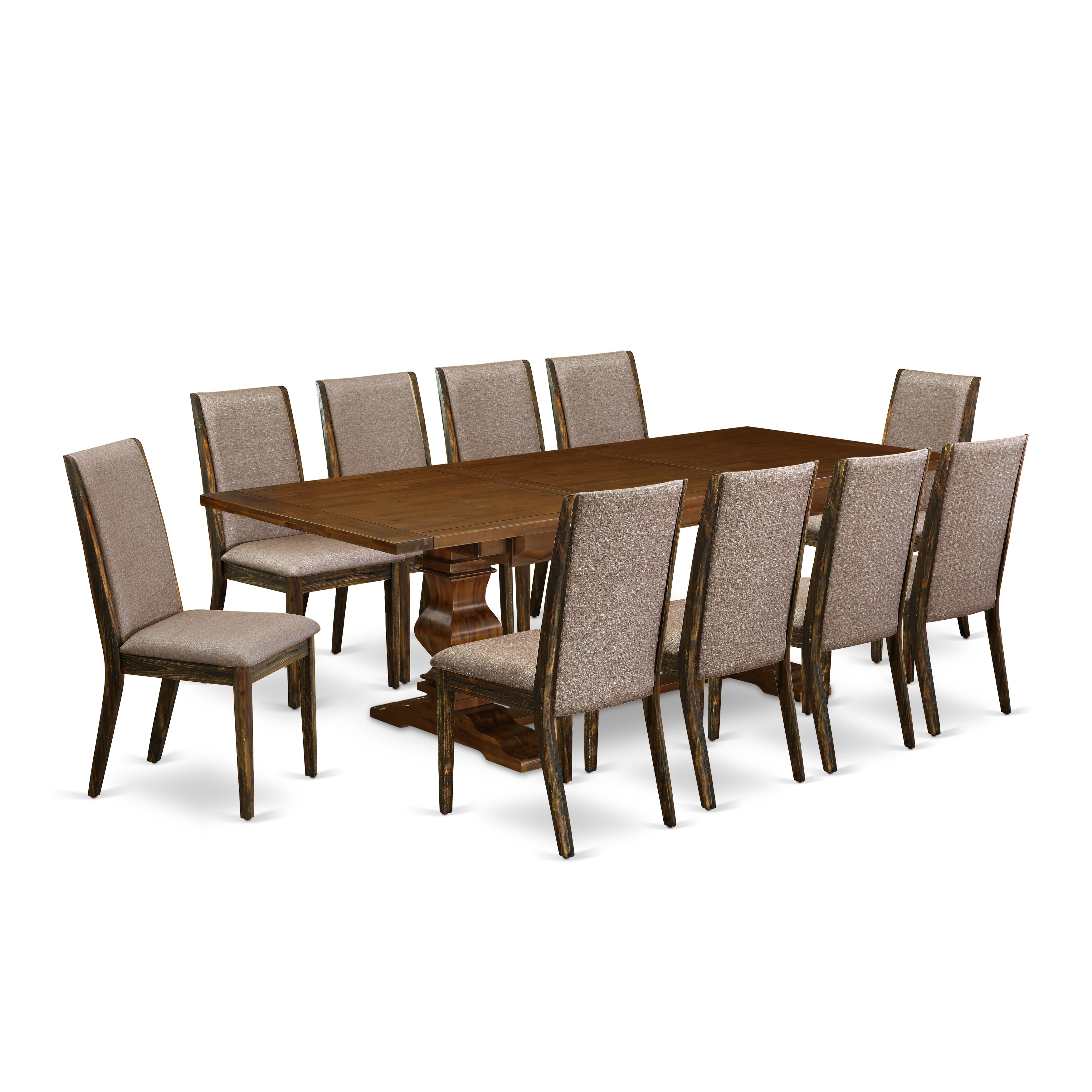 East West Furniture LALA11-87-16 11-Pieces Kitchen Table Set - A Removable leaf Double Pedestal Modern Kitchen Table and 10 Dark Khaki Linen Fabric Dining Chairs with High Back - Antique Walnut Finish