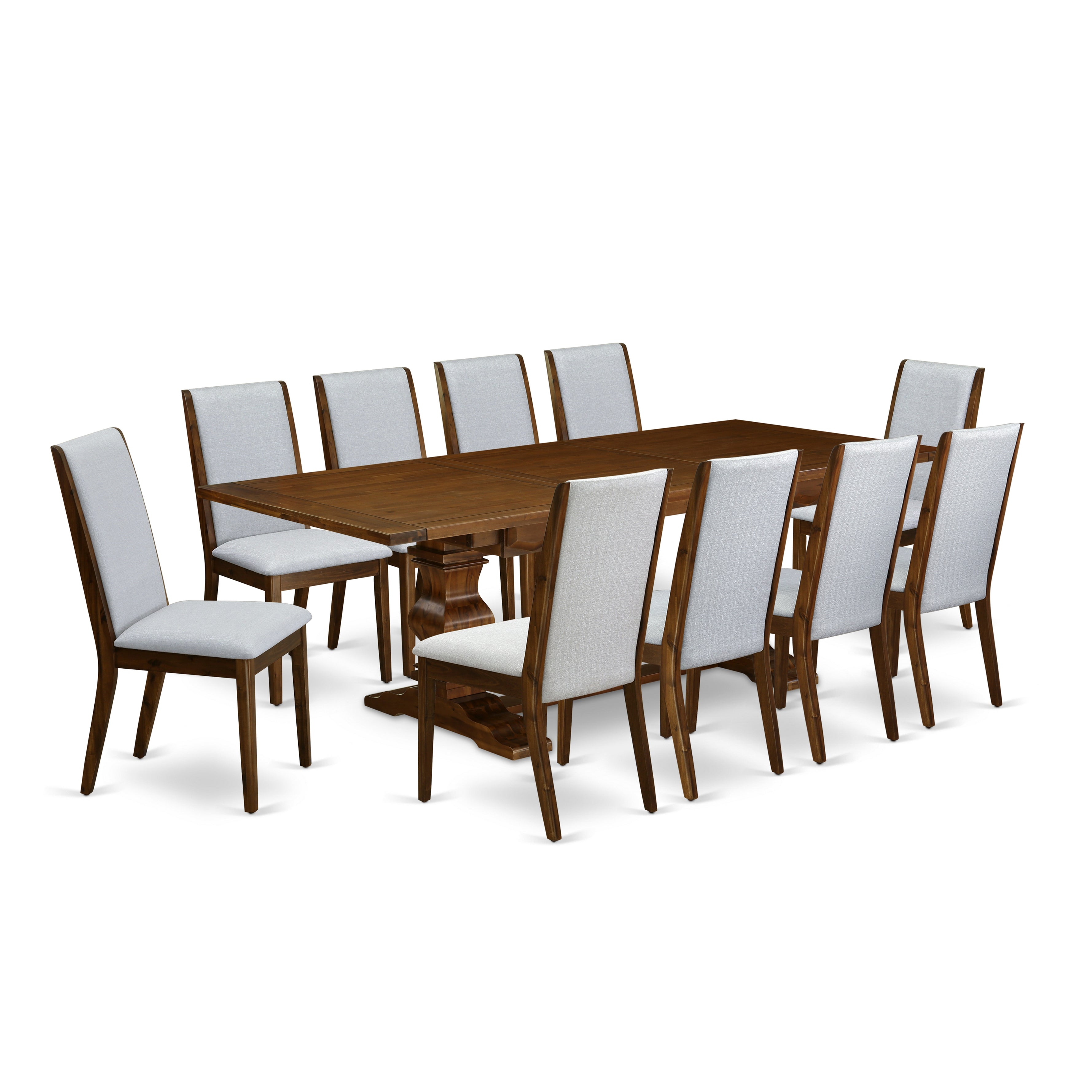 East West Furniture LALA11-88-05 11-Pieces Dining Room Set - A Removable leaf Double Pedestal Dining Room Table and 10 Grey Linen Fabric Kitchen Chairs with High Back - Antique Walnut Finish