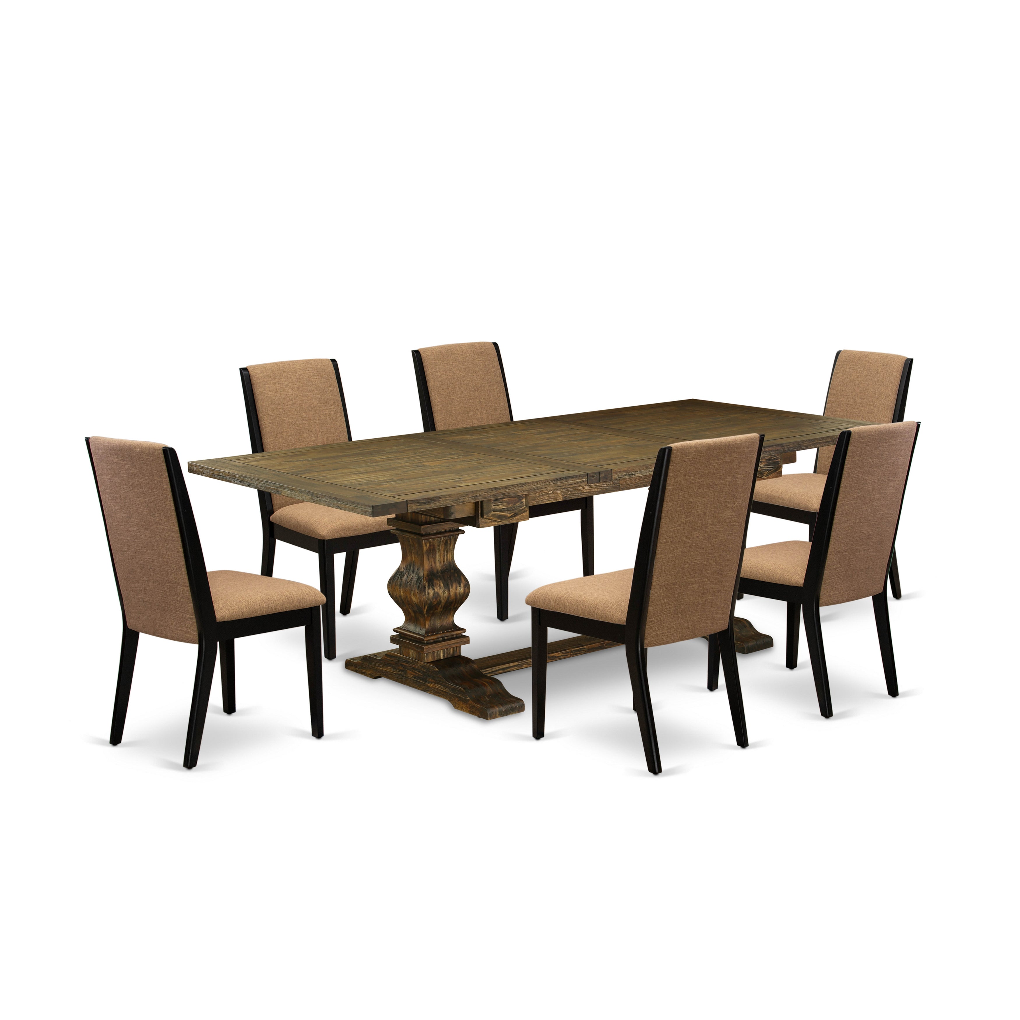 Juego de comedor de 7 piezas East West Furniture LALA7-71-47 compuesto por una mesa de comedor rectangular con diseño de hojas de mariposa y 6 sillas tapizadas en tela de lino color sable claro.