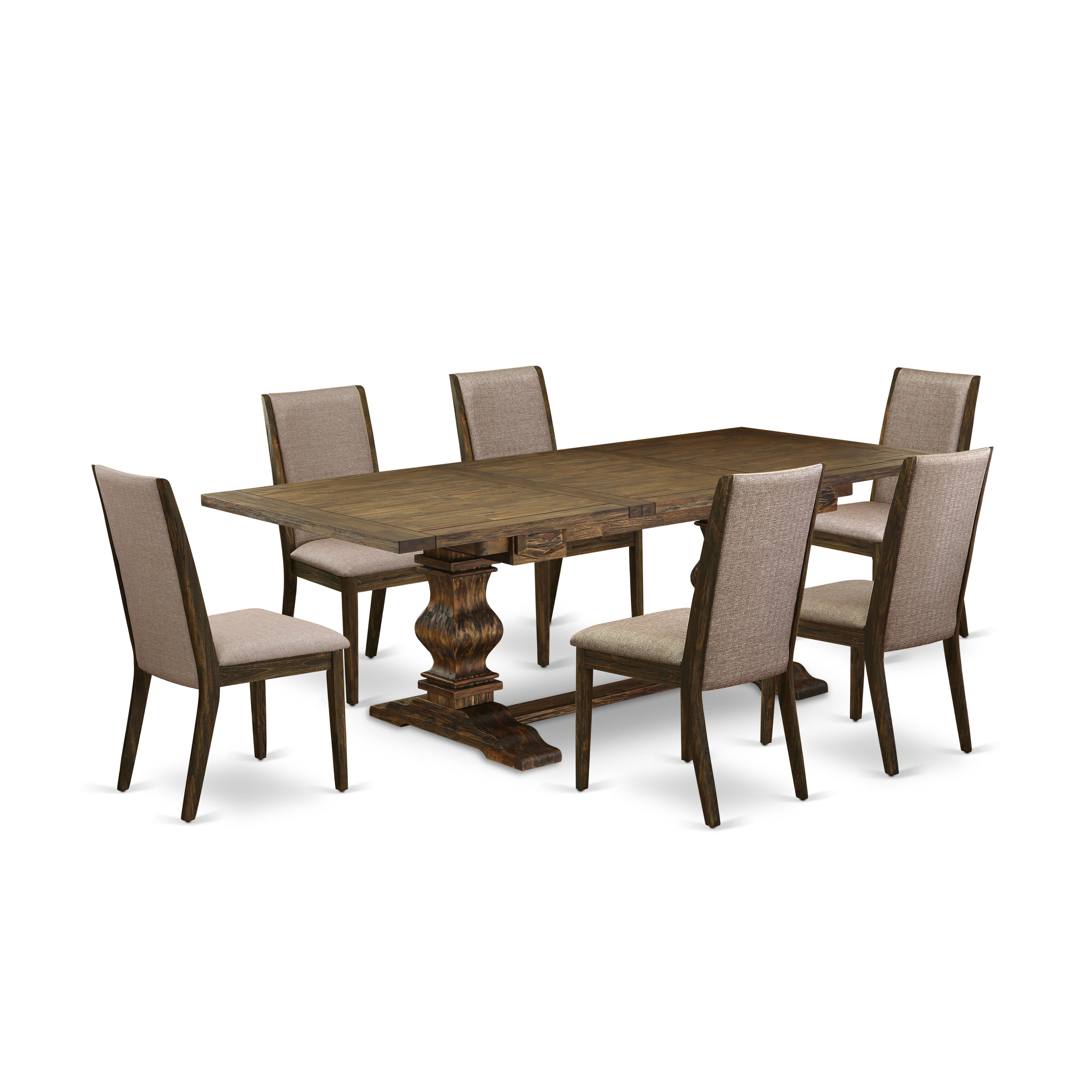 Juego de comedor de 7 piezas LALA7-77-16 de East West Furniture: mesa rectangular con diseño de hojas de mariposa y 6 sillas tapizadas en tela de lino color caqui oscuro.