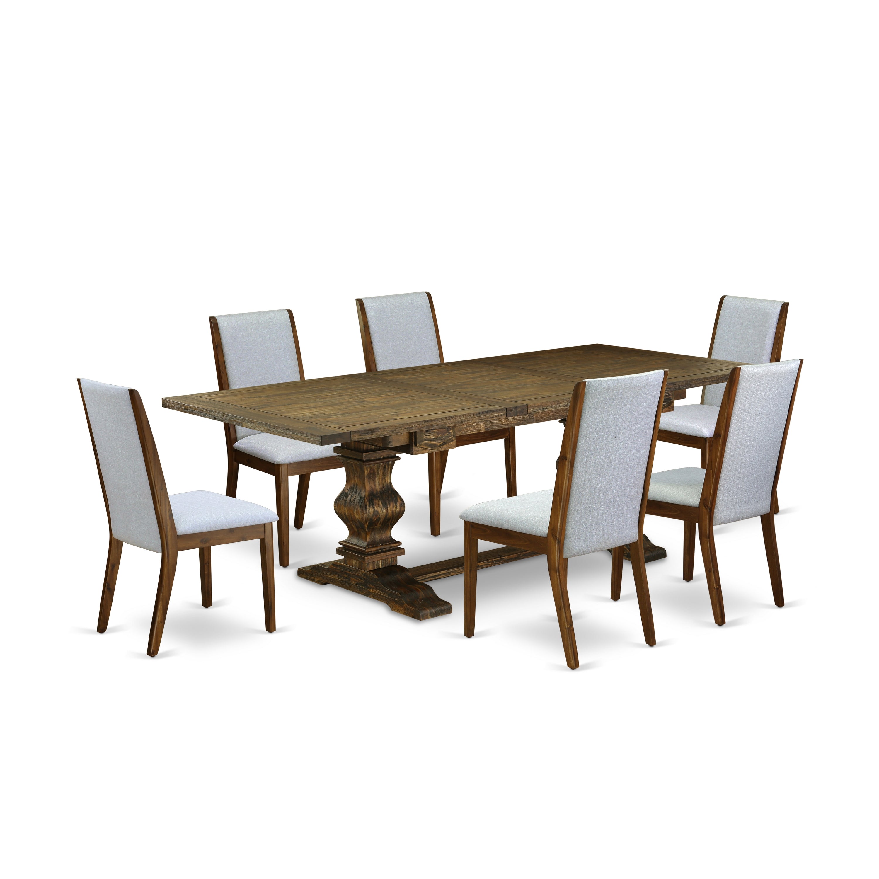 East West Furniture LALA7-78-05 7-pc wooden dining table set with Chair�s Legs and Modern Gray Linen Fabric dining chairs Set of 6 and wood dining table - Antique Walnut and Distressed Jacobean Finish