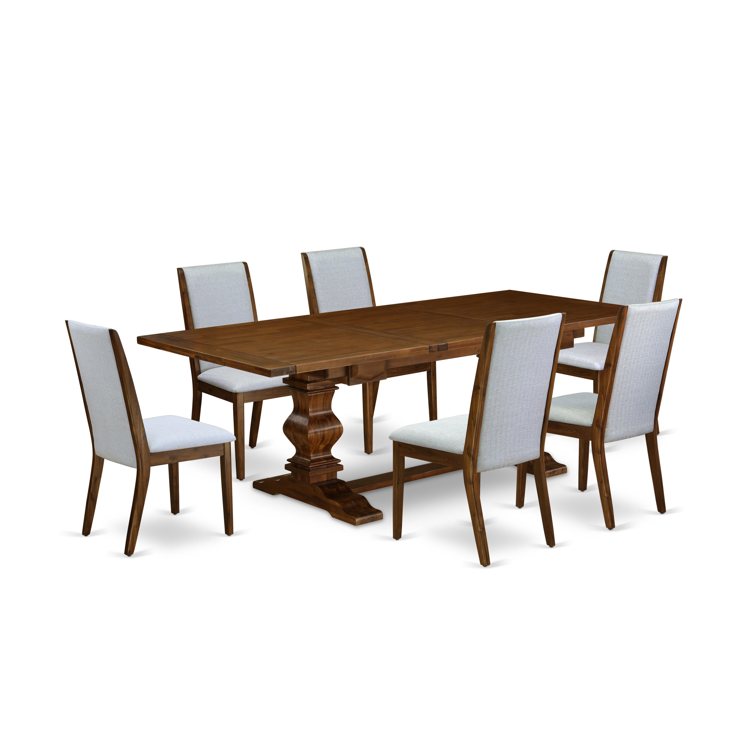 Juego de comedor de 7 piezas LALA7-88-05 de East West Furniture: mesa rectangular con diseño de hojas de mariposa y 6 sillas Parson tapizadas en tela de lino gris.