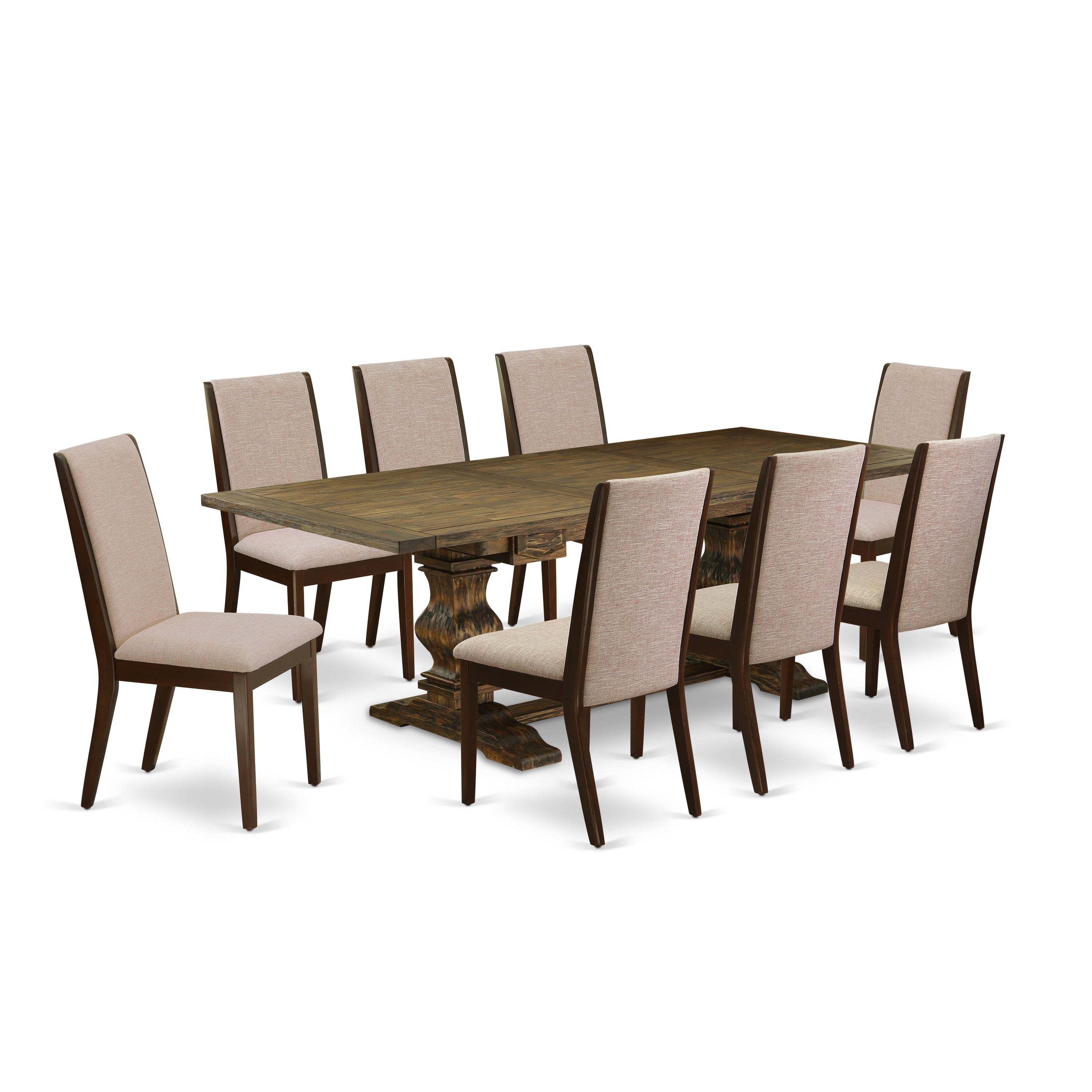 Juego de mesa y sillas de cocina de 9 piezas LALA9-73-04 de East West Furniture. Incluye una mesa de comedor rectangular con hojas de mariposa y 8 sillas Parson de tela de lino color tostado claro.