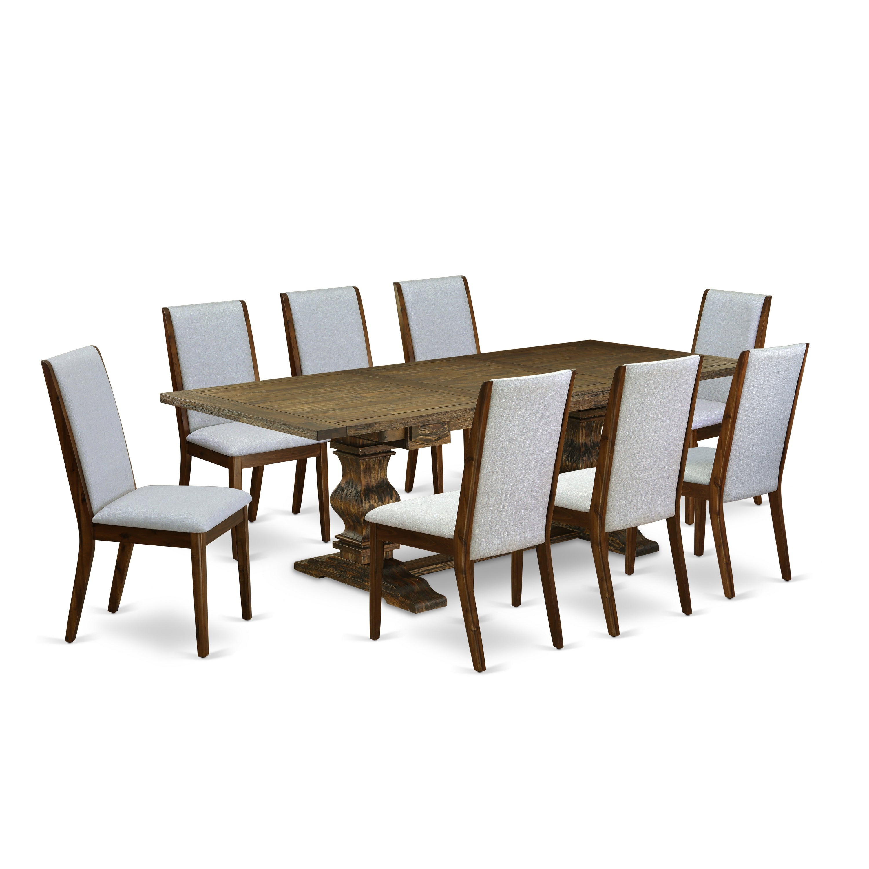 East West Furniture LALA9-78-05 9-pc modern dining table set with Chair�s Legs and Modern Gray Linen Fabric dining chairs set of 8 and dining room table - Antique Walnut and Distressed Jacobean Finish