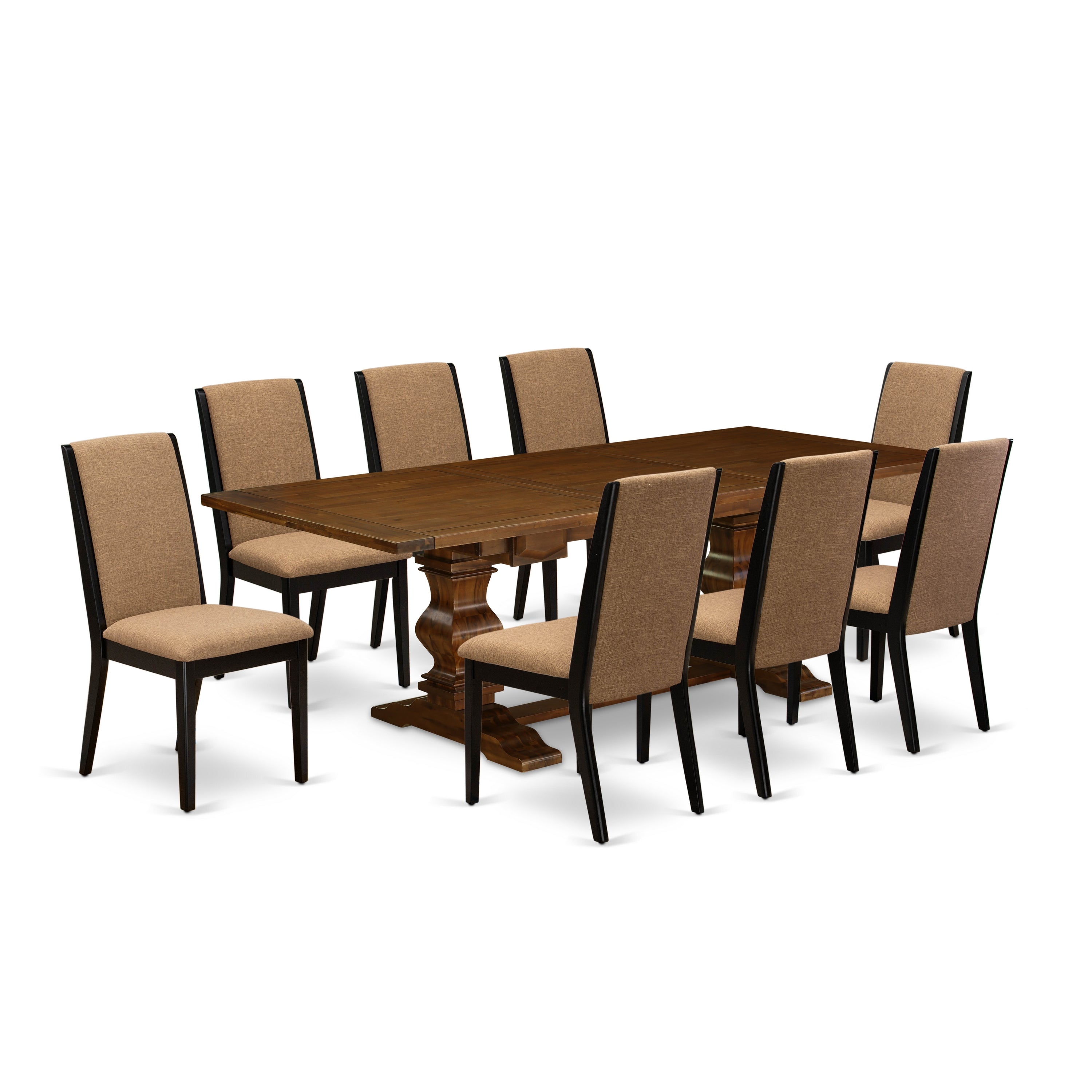 East West Furniture LALA9-81-47 9-piece dinette set with Chair�s Legs and Light Sable Linen Fabric chairs for dining room set of 8 and rectangular table - Antique Walnut and Black Finish
