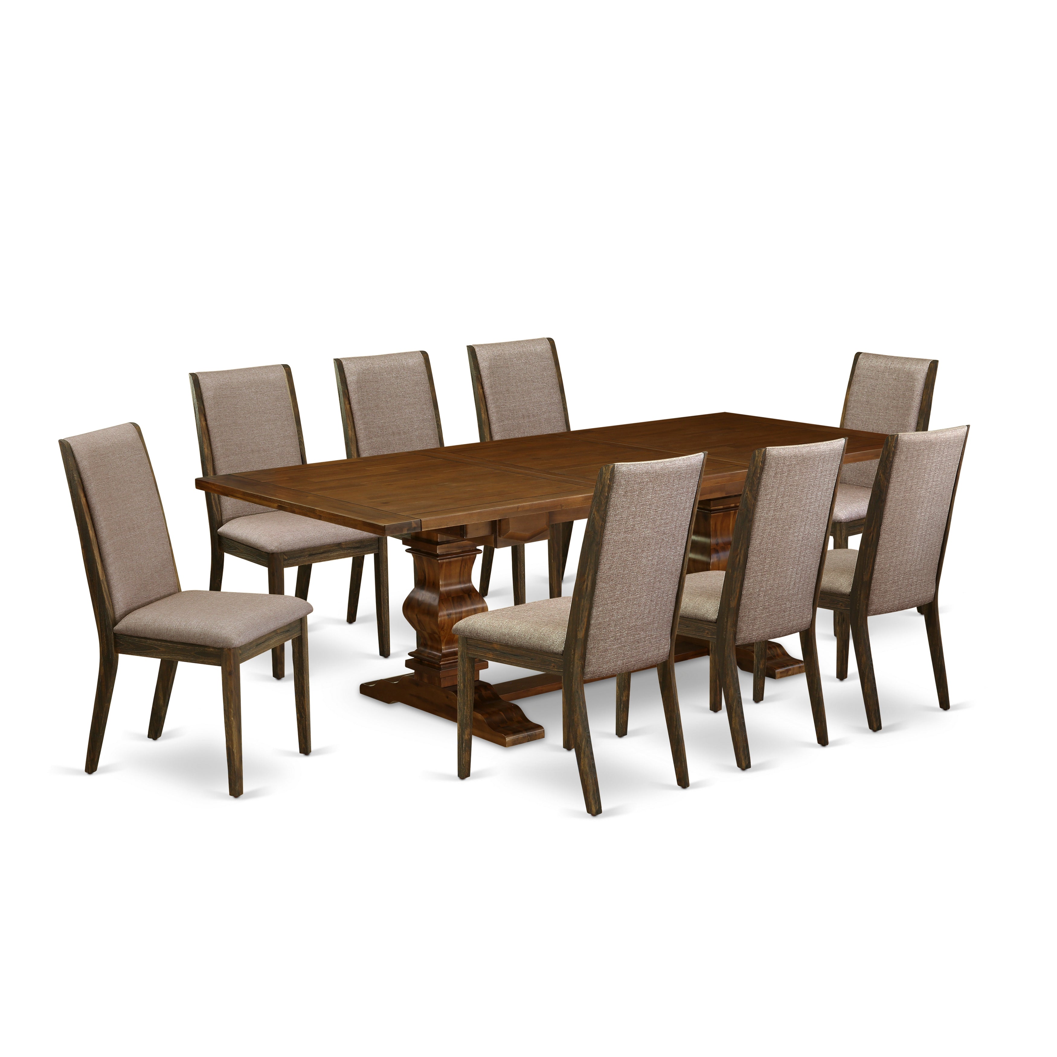 East West Furniture LALA9-87-16 9-pc modern dining table set with Chair�s Legs and Dark Khaki Linen Fabric kitchen chairs set of eight and beautiful table - Antique Walnut and Distressed Jacobean Finish