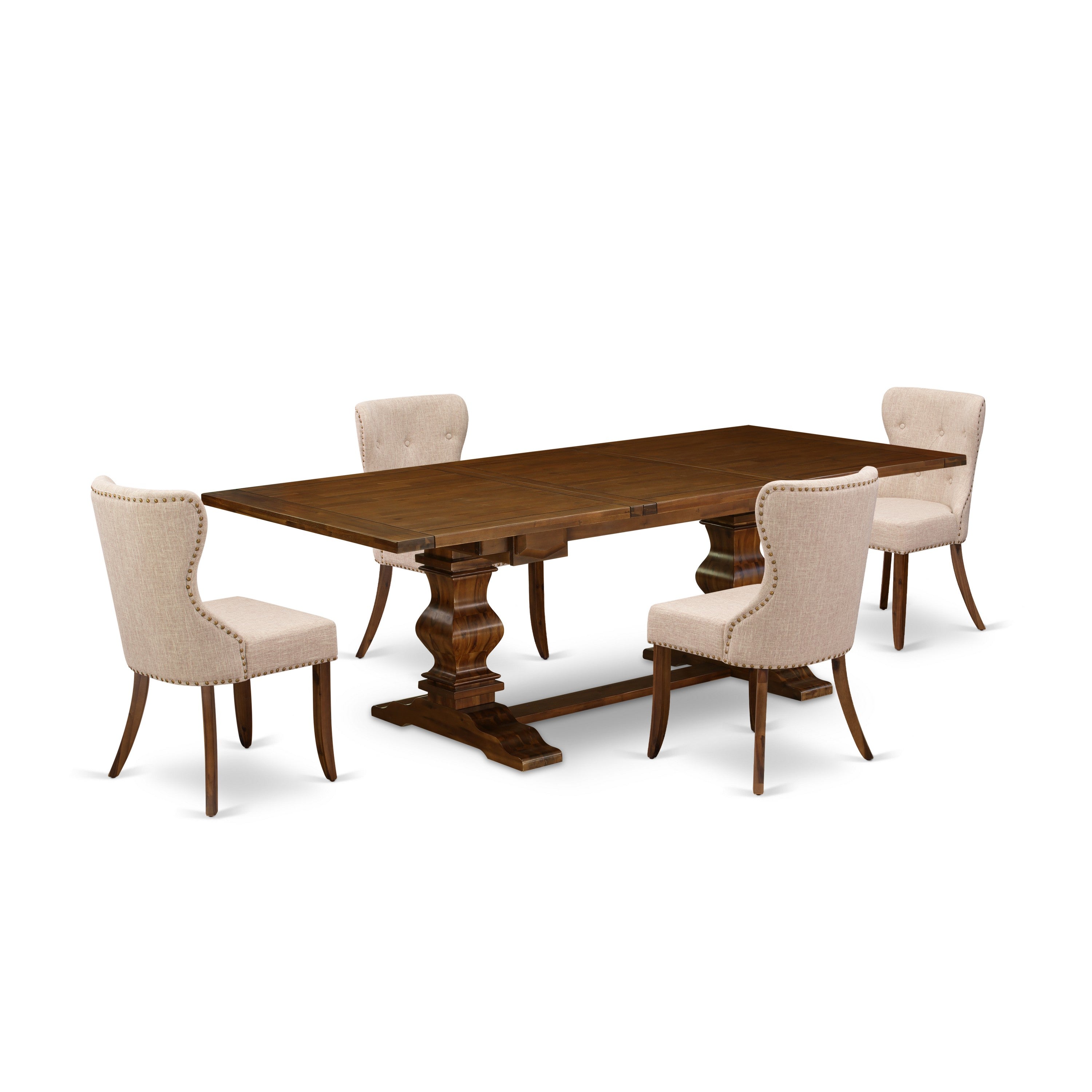 East-West Furniture LASI5-88-04 - A dining table set of 4 fantastic indoor dining chairs with Linen Fabric Linen Tan color and a gorgeous rectangular pedestal kitchen table with Antique Walnut