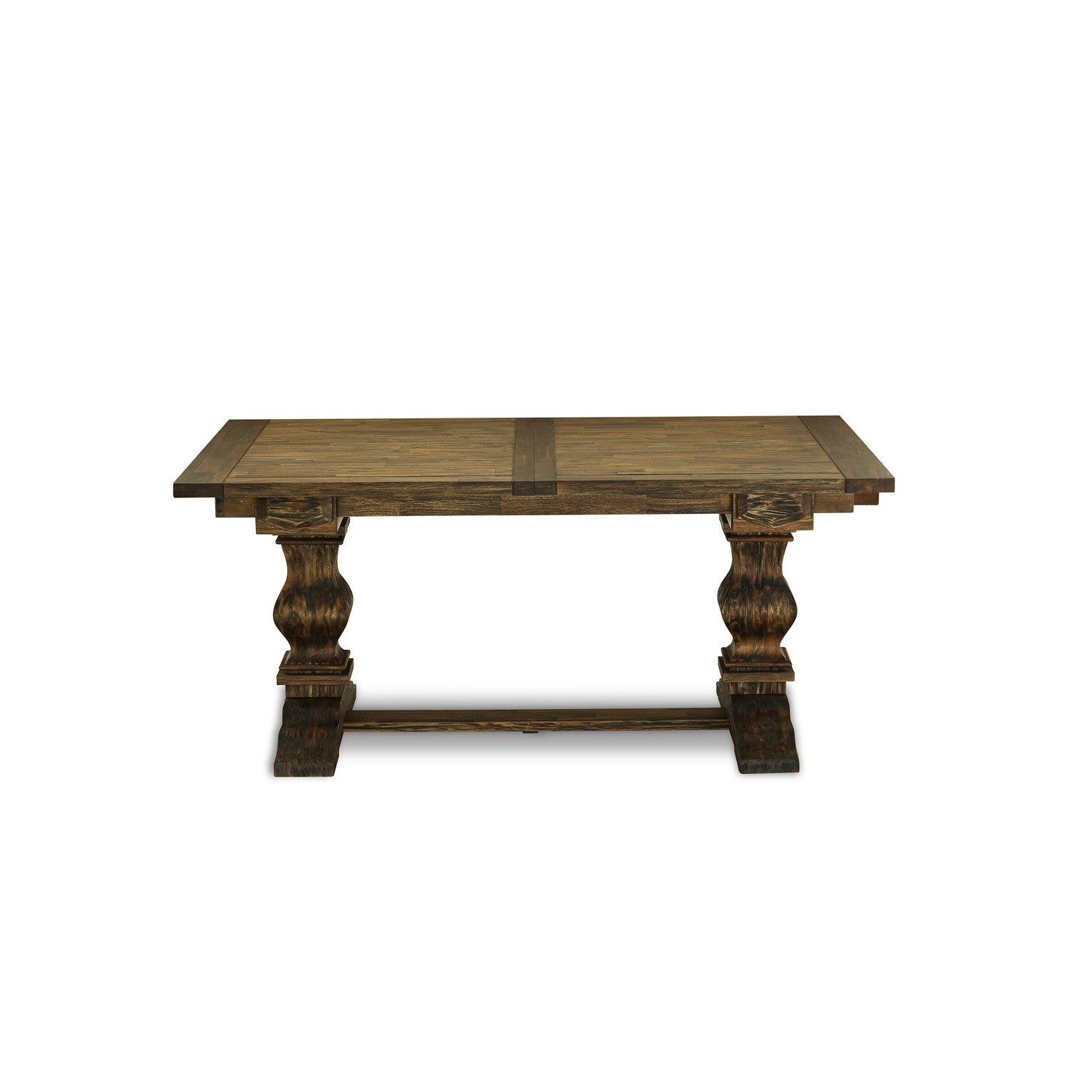 Juego de mesa de comedor de 9 piezas East West Furniture LAGA9-78-03. Incluye una mesa de comedor rectangular con hojas de mariposa y 8 sillas tapizadas en tela de lino marrón.