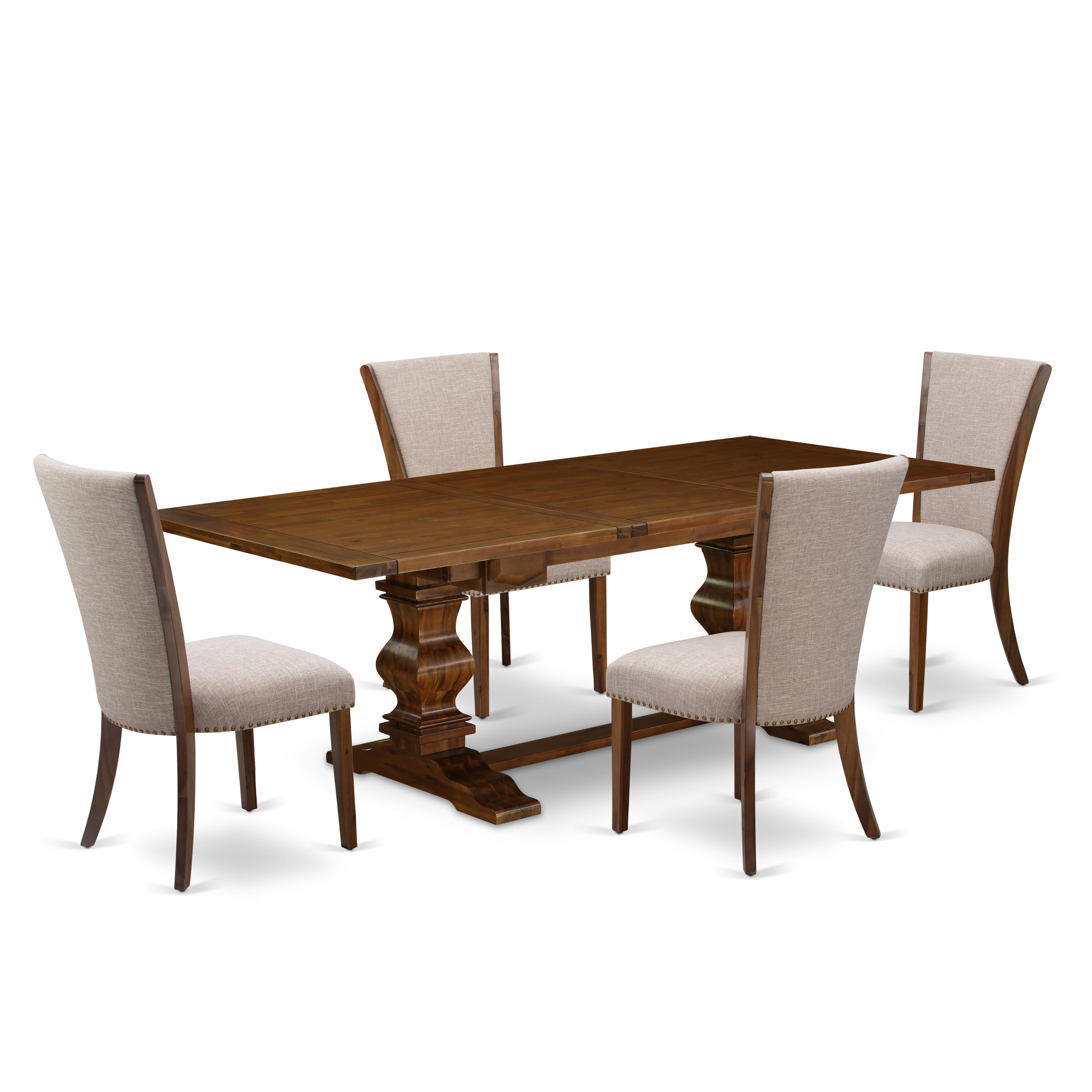 Juego de comedor de 5 piezas East West Furniture LAVE5-88-04. Incluye una mesa de comedor rectangular con diseño de hojas de mariposa y 4 sillas tapizadas en tela de lino color tostado claro.