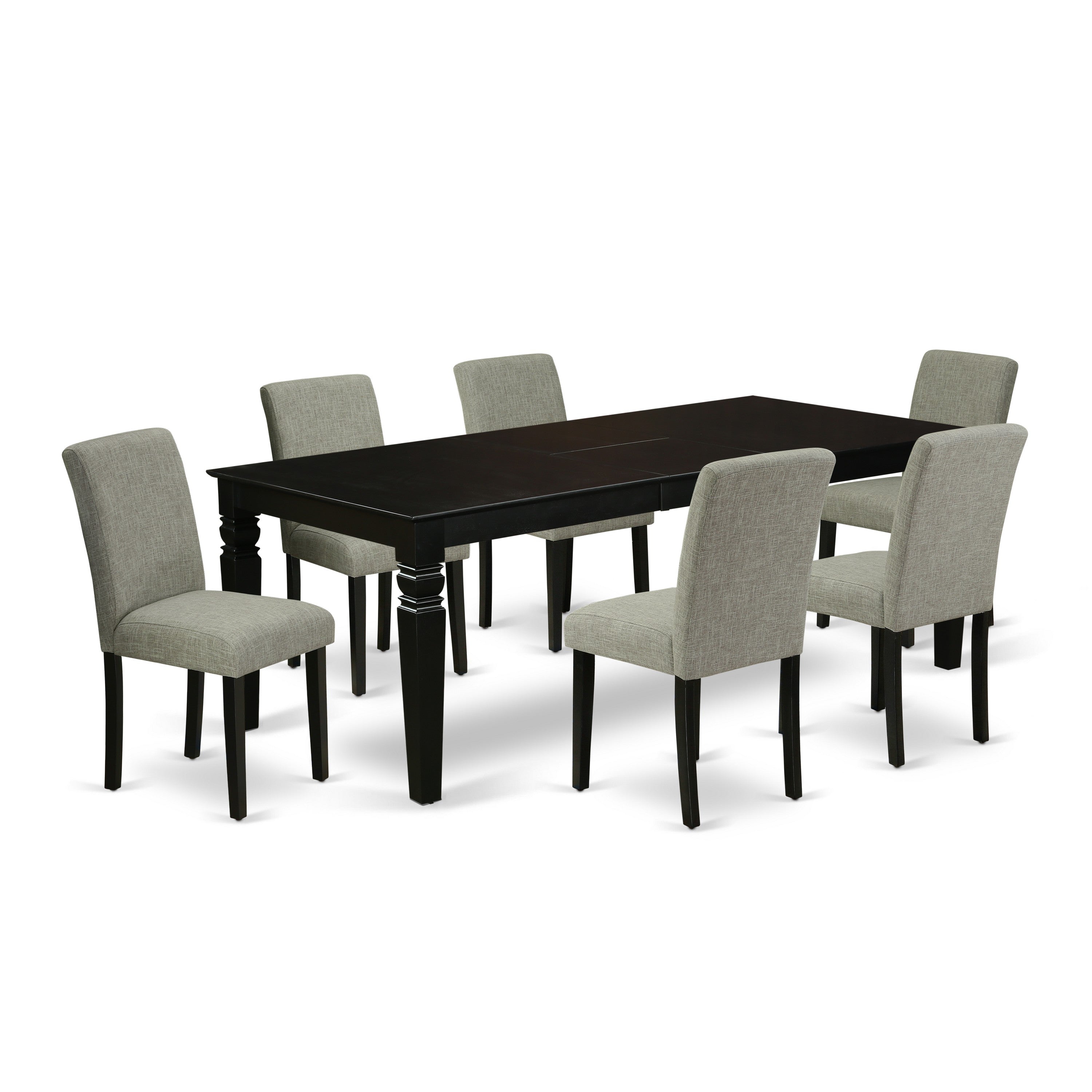 Juego de mesa de comedor East West Furniture LGAB7-BLK-06 de 7 piezas compuesto por una mesa rectangular de madera con hojas de mariposa y 6 sillas tapizadas en tela de lino shitake.