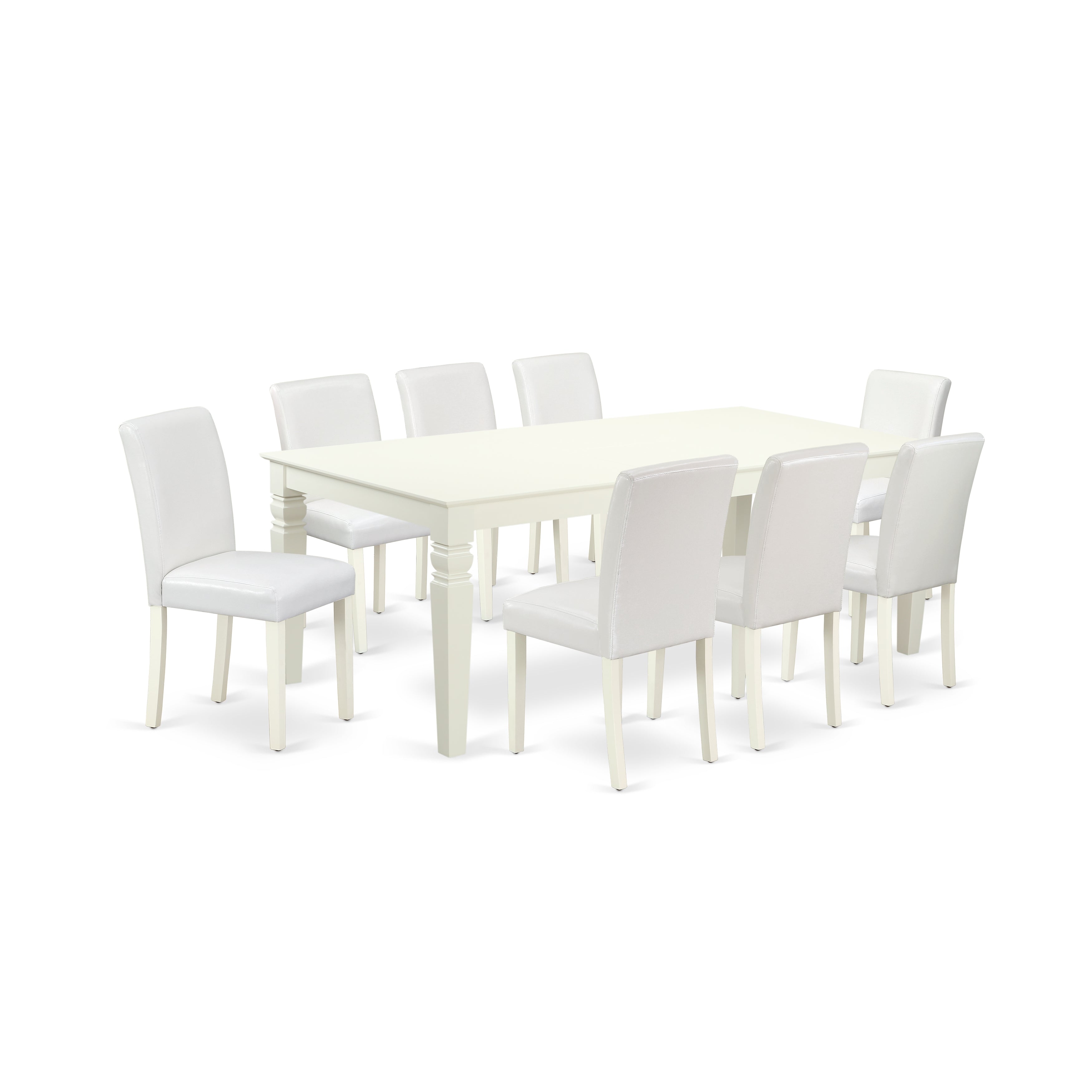 El juego de mesa de comedor East West Furniture LGAB9-LWH-64 de 9 piezas incluye una mesa de cocina rectangular con diseño de hojas de mariposa y 8 sillas tapizadas en piel sintética blanca.