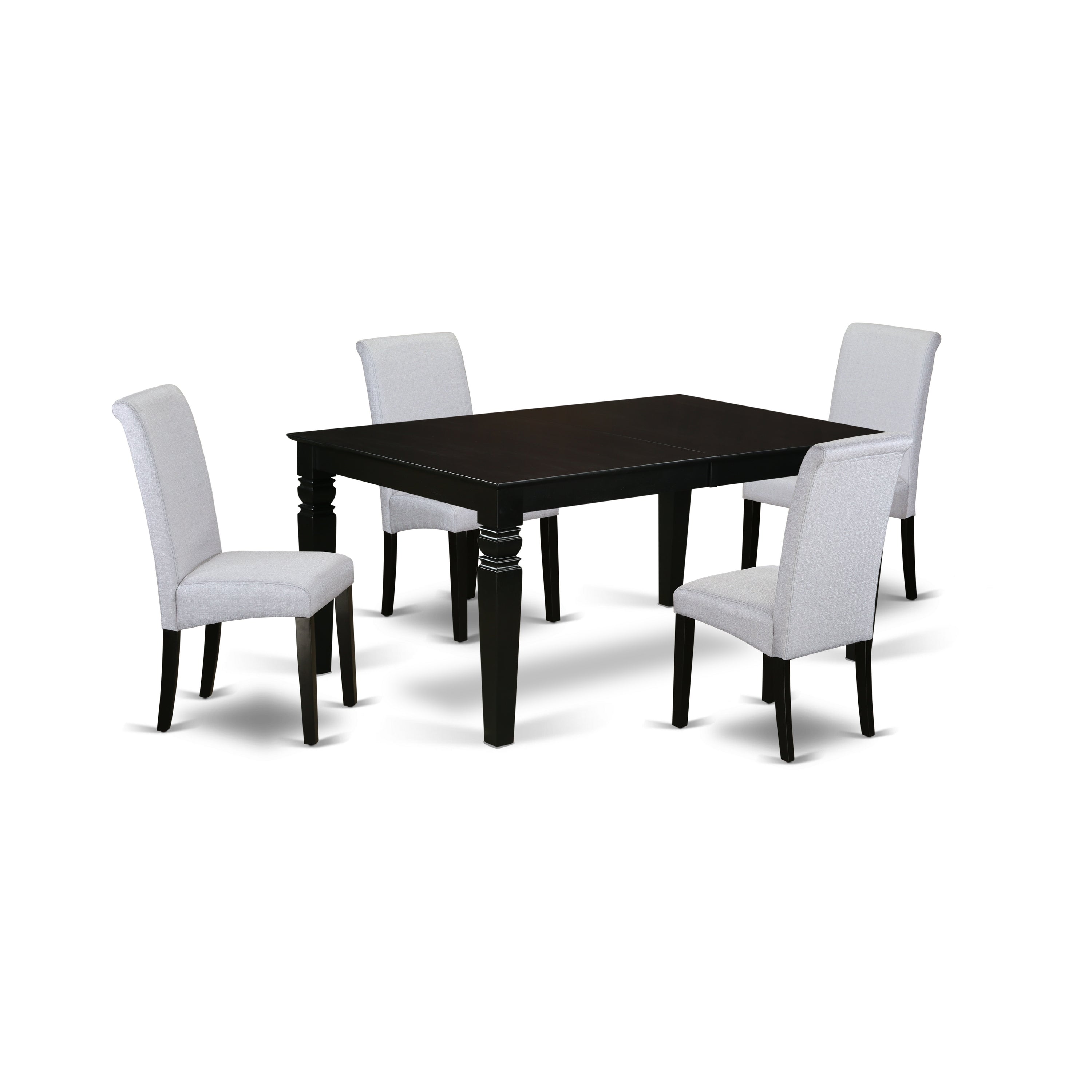 El juego de comedor de 5 piezas East West Furniture LGBA5-BLK-05 incluye una mesa de comedor rectangular con diseño de hojas de mariposa y 4 sillas de comedor Parson de tela de lino gris.