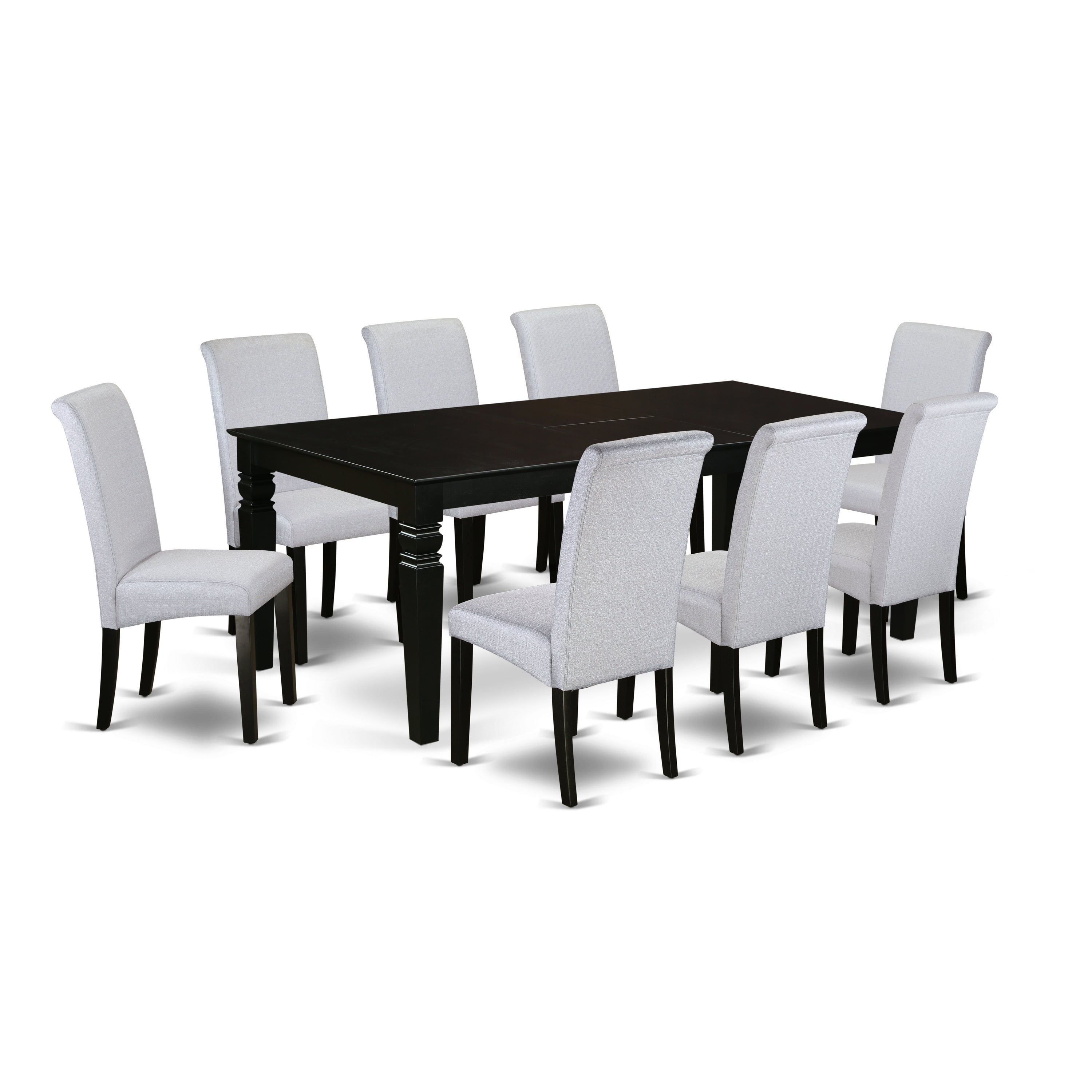 El juego de comedor East West Furniture LGBA9-BLK-05 de 9 piezas incluye una mesa rectangular de madera con diseño de hojas de mariposa y 8 sillas Parsons de tela de lino gris.