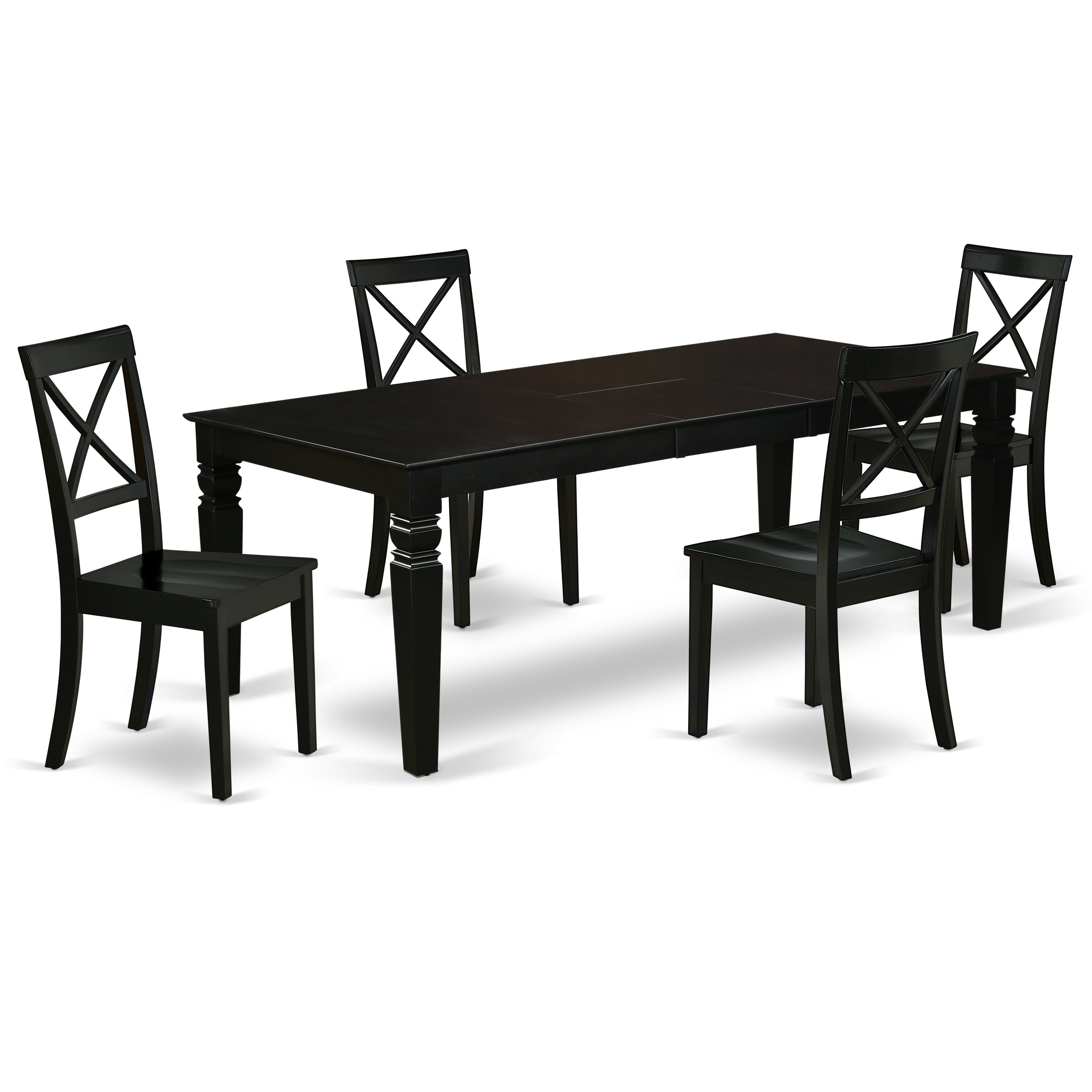 Juego de mesa y sillas de cocina de 5 piezas East West Furniture LGBO5-BLK-W. Incluye una mesa de comedor rectangular con diseño de hojas de mariposa y 4 sillas de comedor.