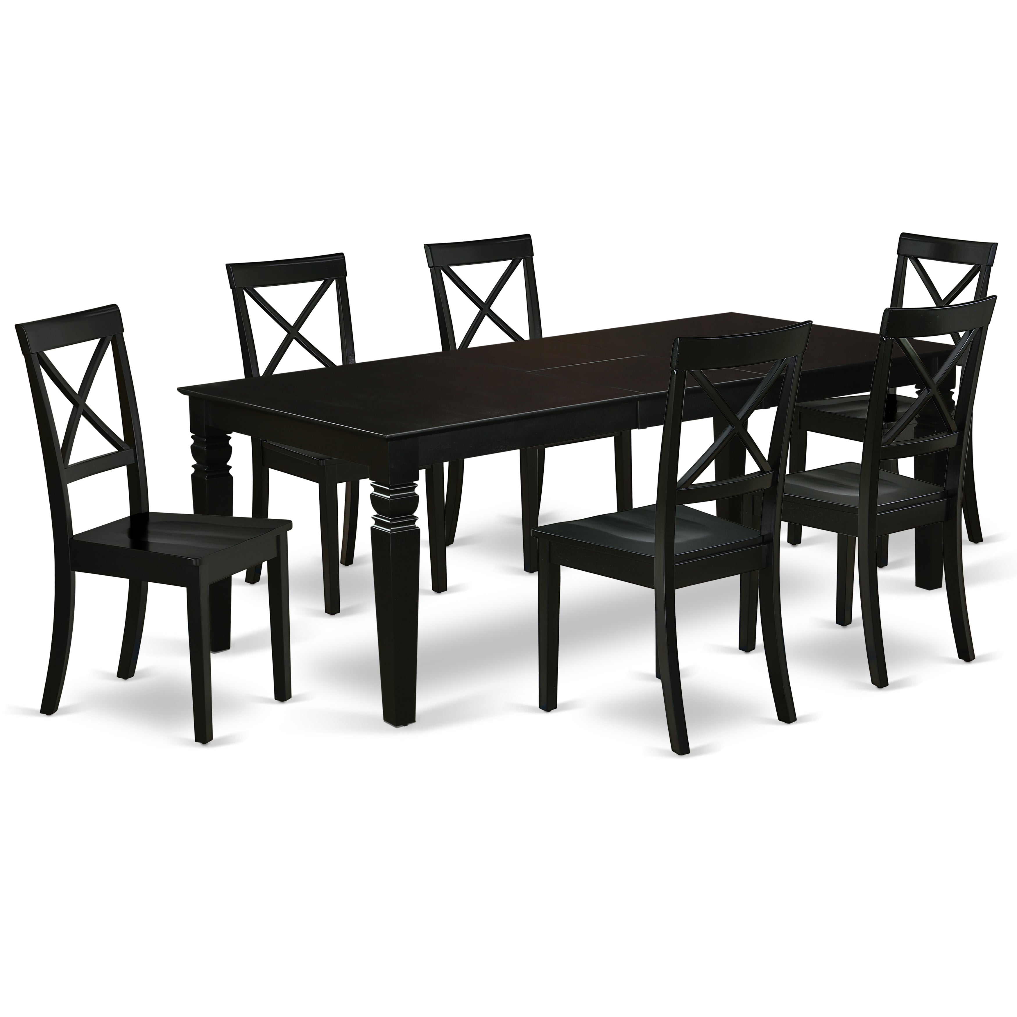 Juego de comedor East West Furniture LGBO7-BLK-W de 7 piezas compuesto por una mesa rectangular con diseño de hojas de mariposa y 6 sillas de madera.