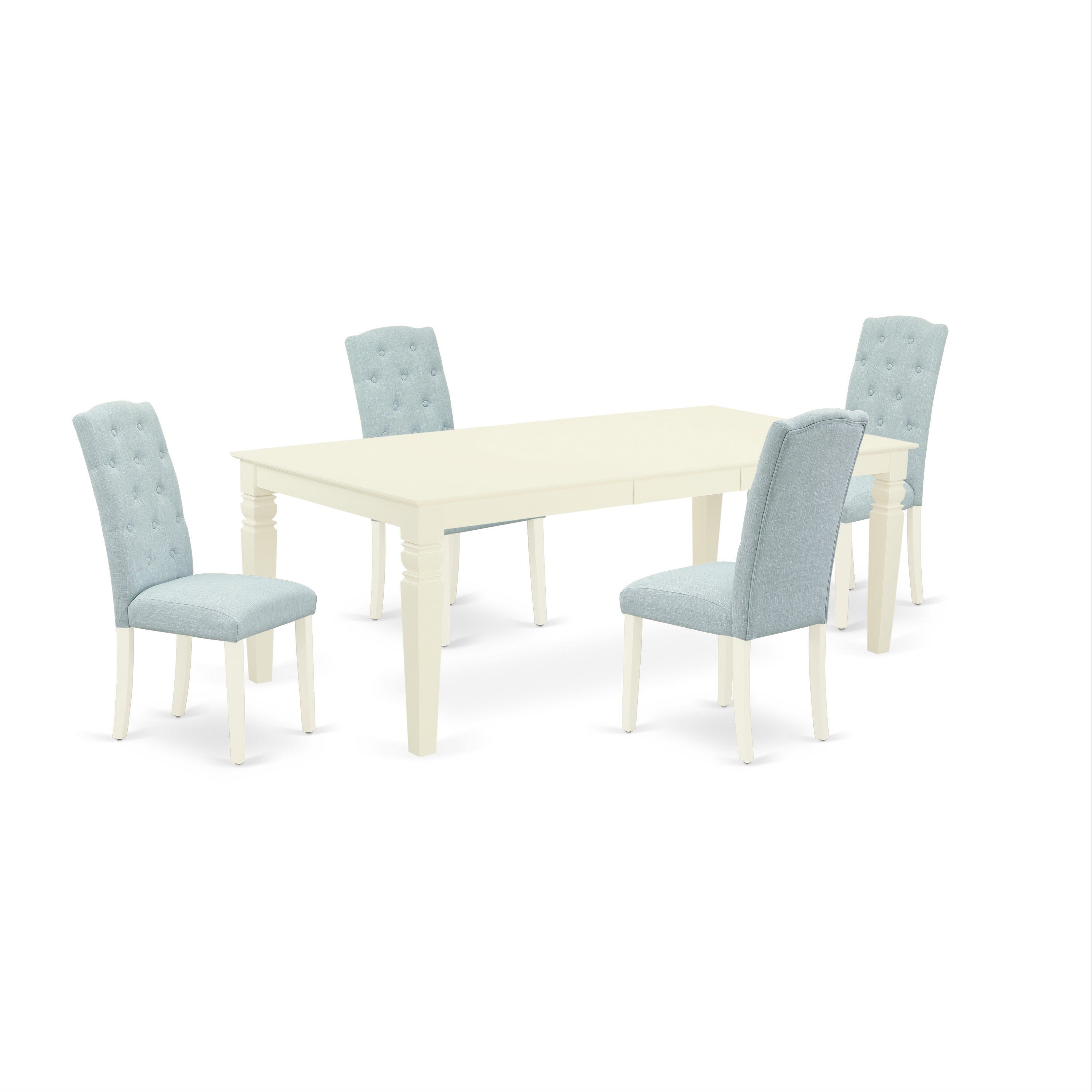 Juego de mesa de cocina de 5 piezas East West Furniture LGCE5-LWH-15 para 4 personas. Incluye una mesa de comedor rectangular con hojas de mariposa y 4 sillas tapizadas en tela de lino azul bebé.