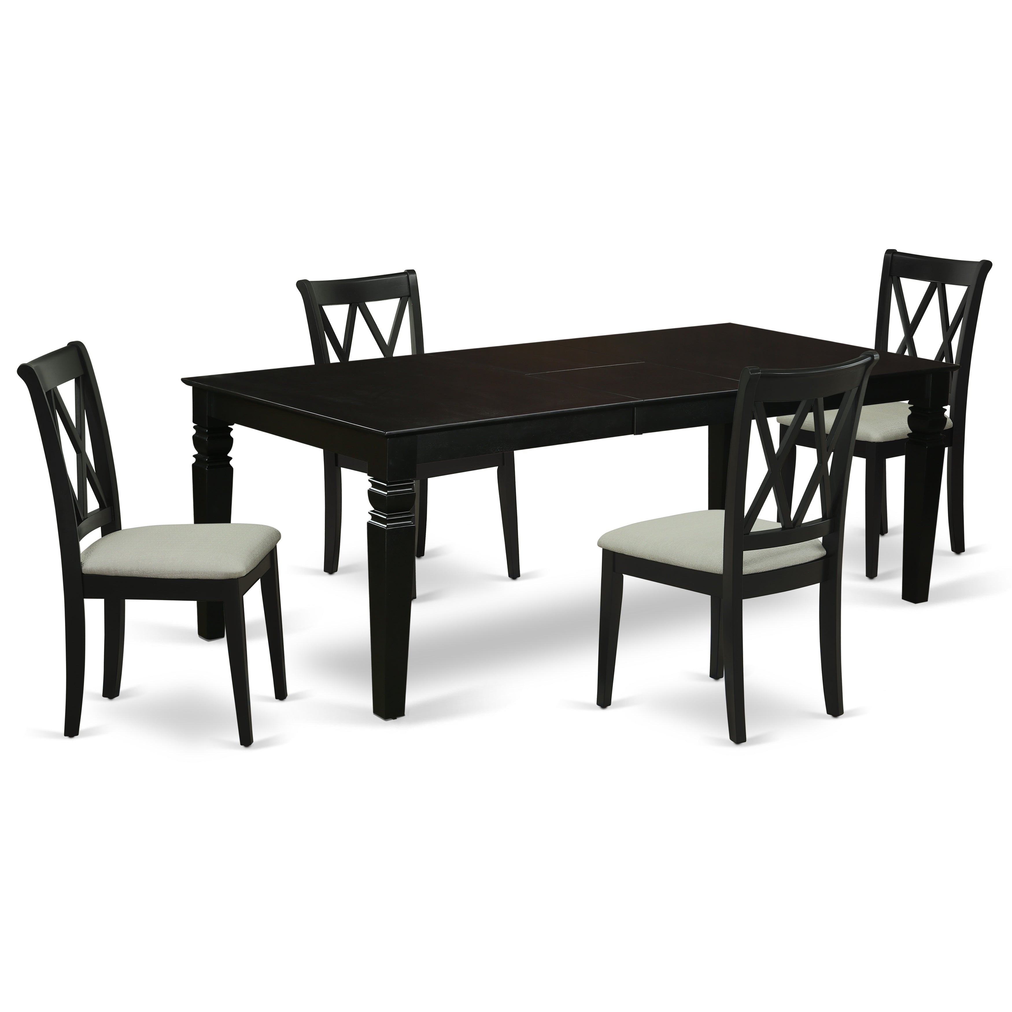 LGCL5-BLK-C 5Pc Dining Set Includes a Rectangle Dining Table with Butterfly Leaf and Four Double X Back Linen Seat Kitchen Chairs, Black Finish