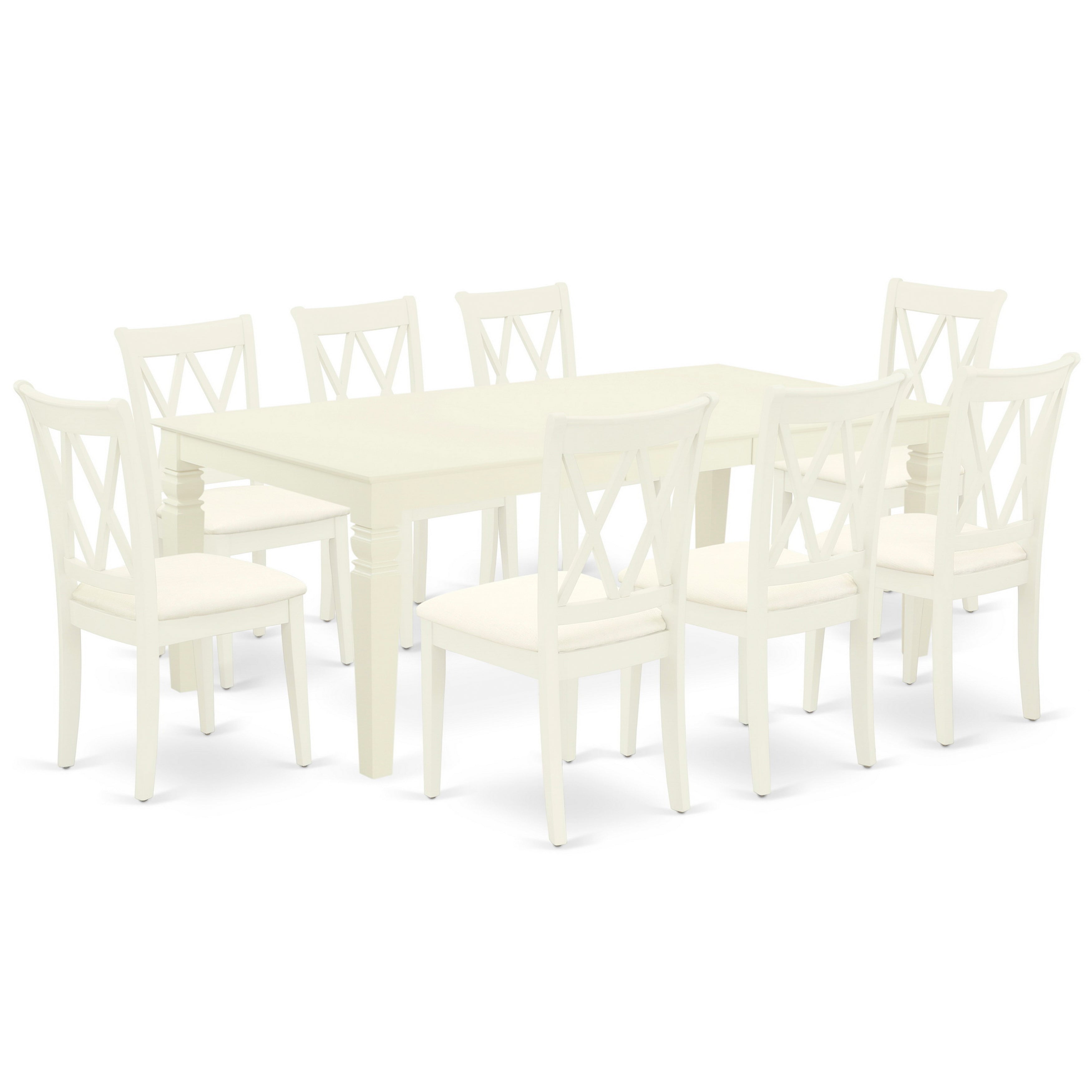 LGCL9-LWH-C 9Pc Dining Set Includes a Rectangle Dining Table with Butterfly Leaf and Eight Double X Back Linen Seat Kitchen Chairs, Linen White Finish