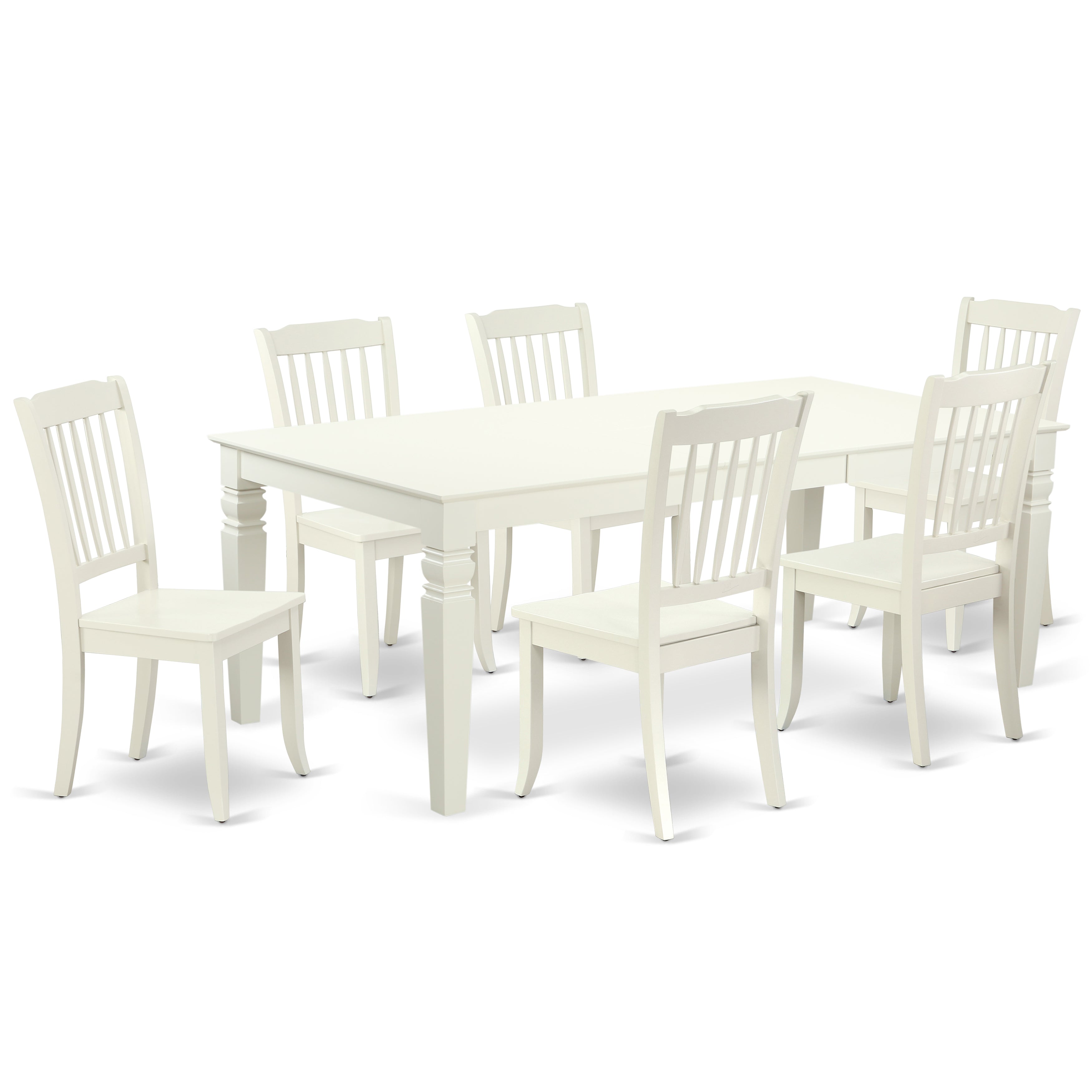 Juego de mesa de comedor East West Furniture LGDA7-LWH-W de 7 piezas compuesto por una mesa rectangular con hojas de mariposa y 6 sillas con asiento de madera.