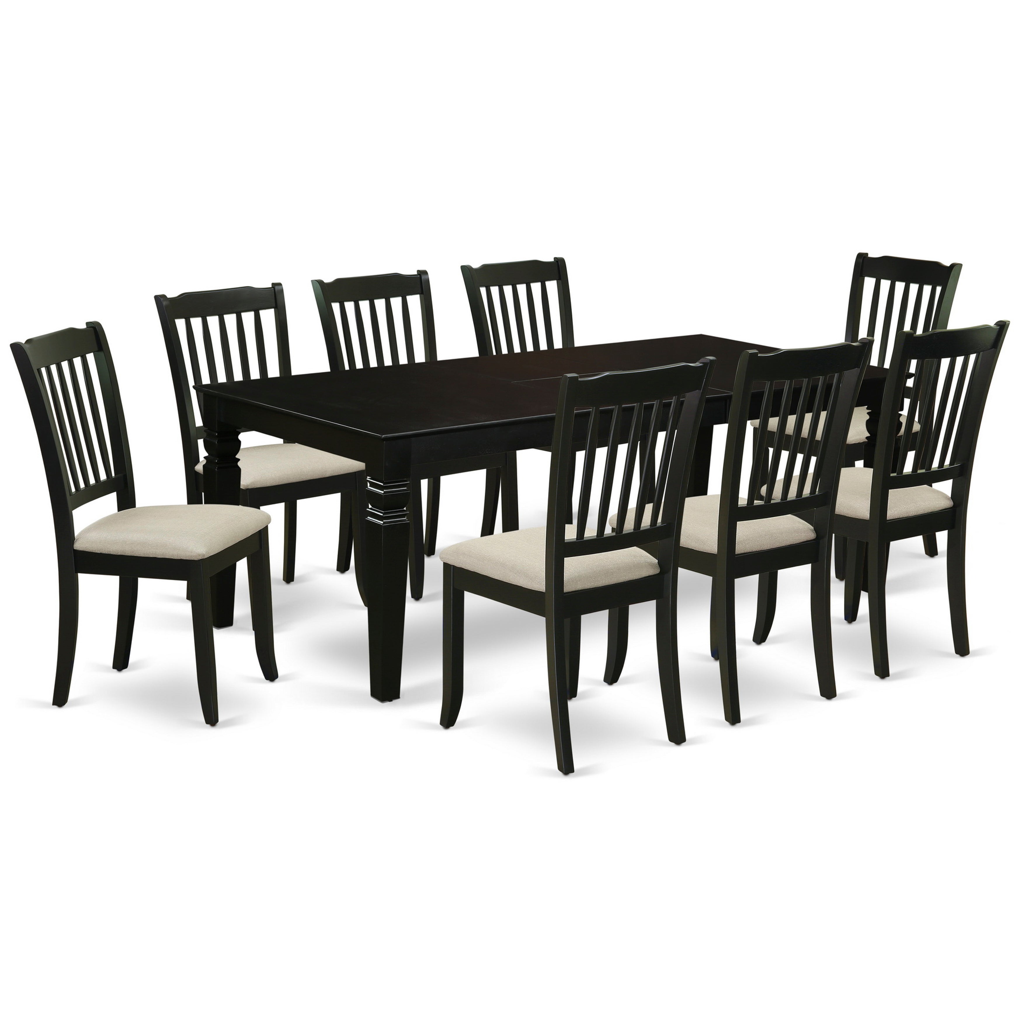 El juego de mesa de comedor East West Furniture LGDA9-BLK-C de 9 piezas incluye una mesa de cocina rectangular con diseño de hojas de mariposa y 8 sillas de comedor tapizadas en tela de lino.