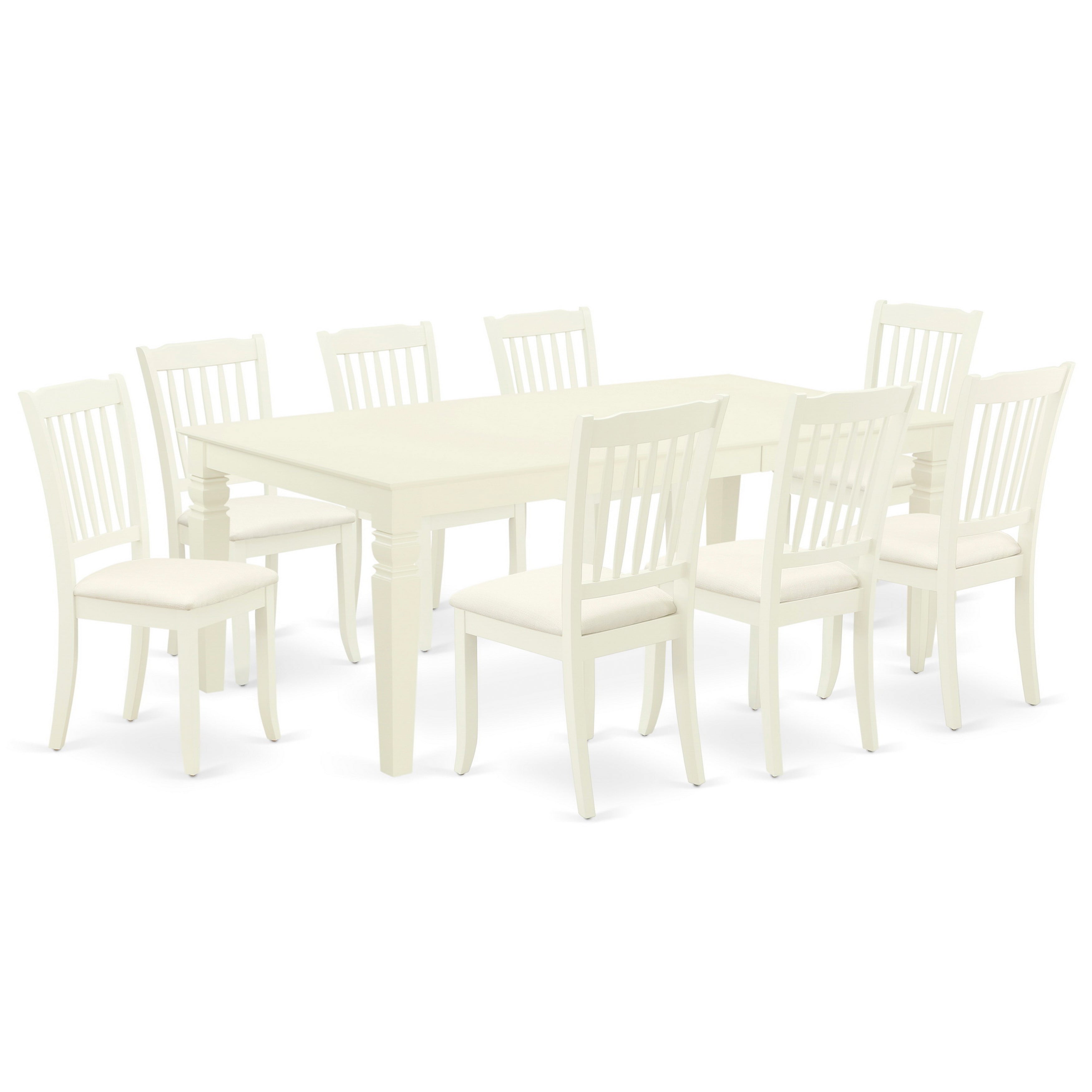 El juego de mesa de comedor East West Furniture LGDA9-LWH-C de 9 piezas incluye una mesa de comedor rectangular con diseño de hojas de mariposa y 8 sillas de comedor de tela de lino.