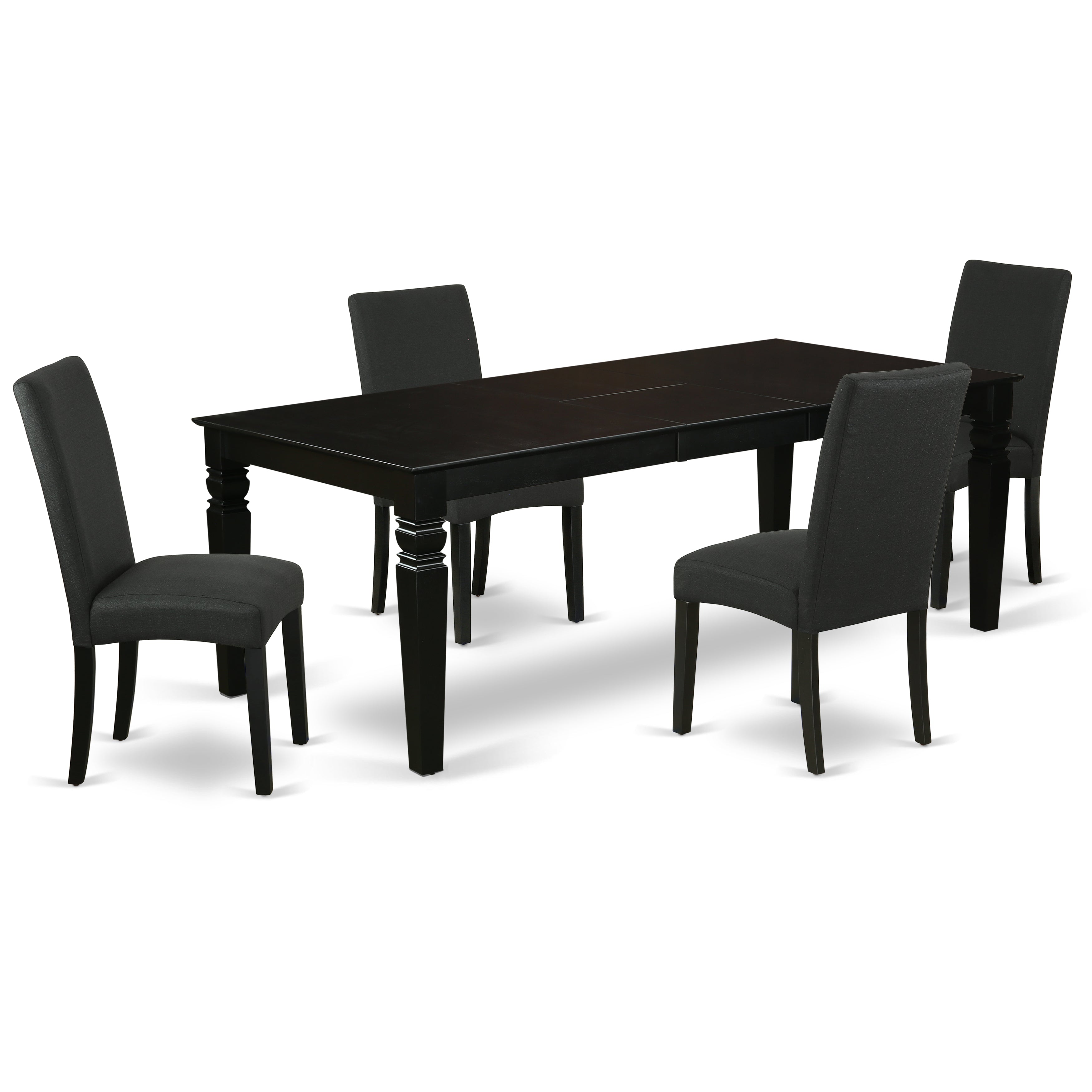 LGDR5-BLK-24 5Pc Rectangular 66/84 Inch Table With 18 In Leaf And Four Parson Chair With Black Finish Leg And Linen Fabric- Black Color
