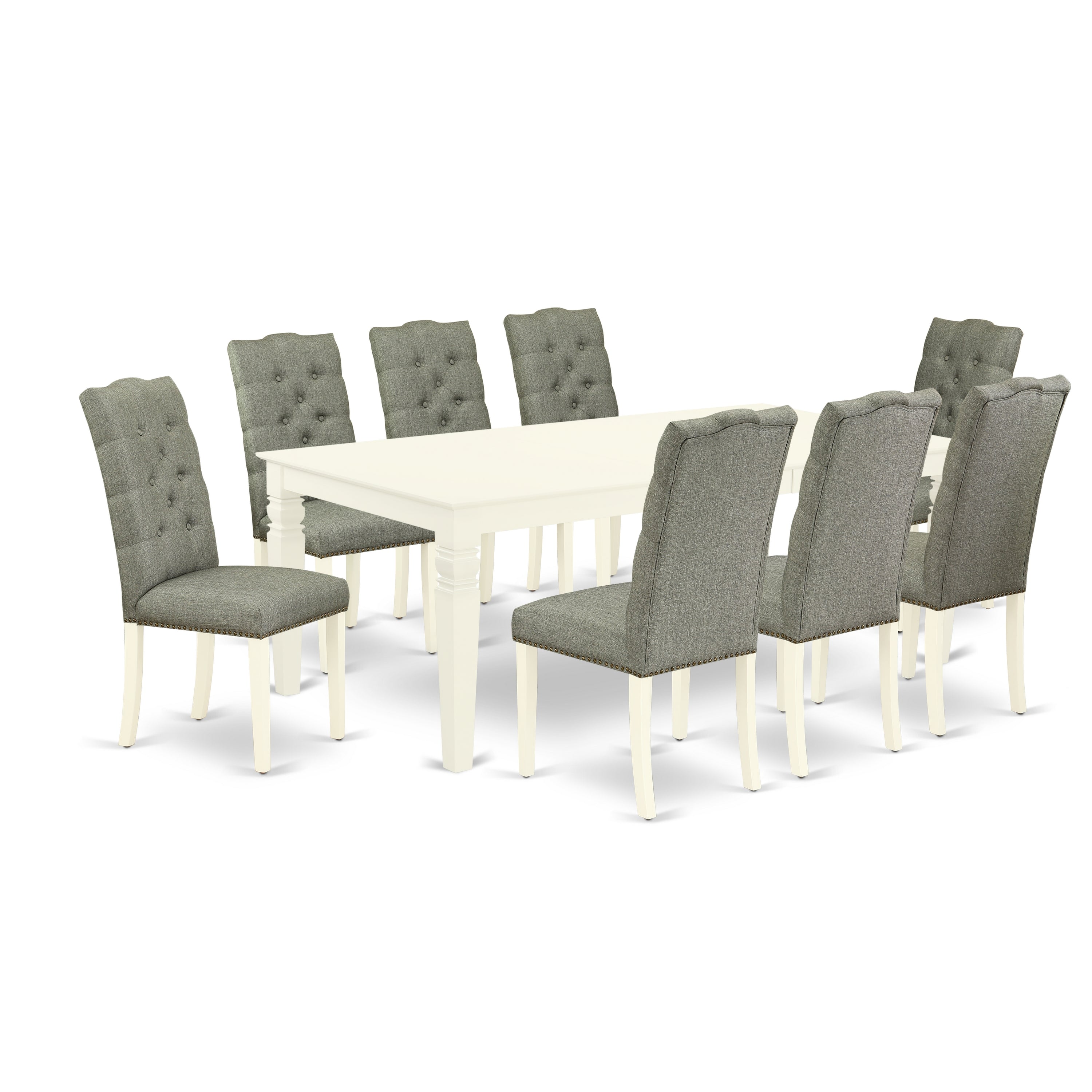 East-West Furniture LGEL9-LWH-07 9-Piece dining set- 8 upholstered dining chairs and Butterfly Leaf dinette table hardwood frame -high back & Linen White Finish