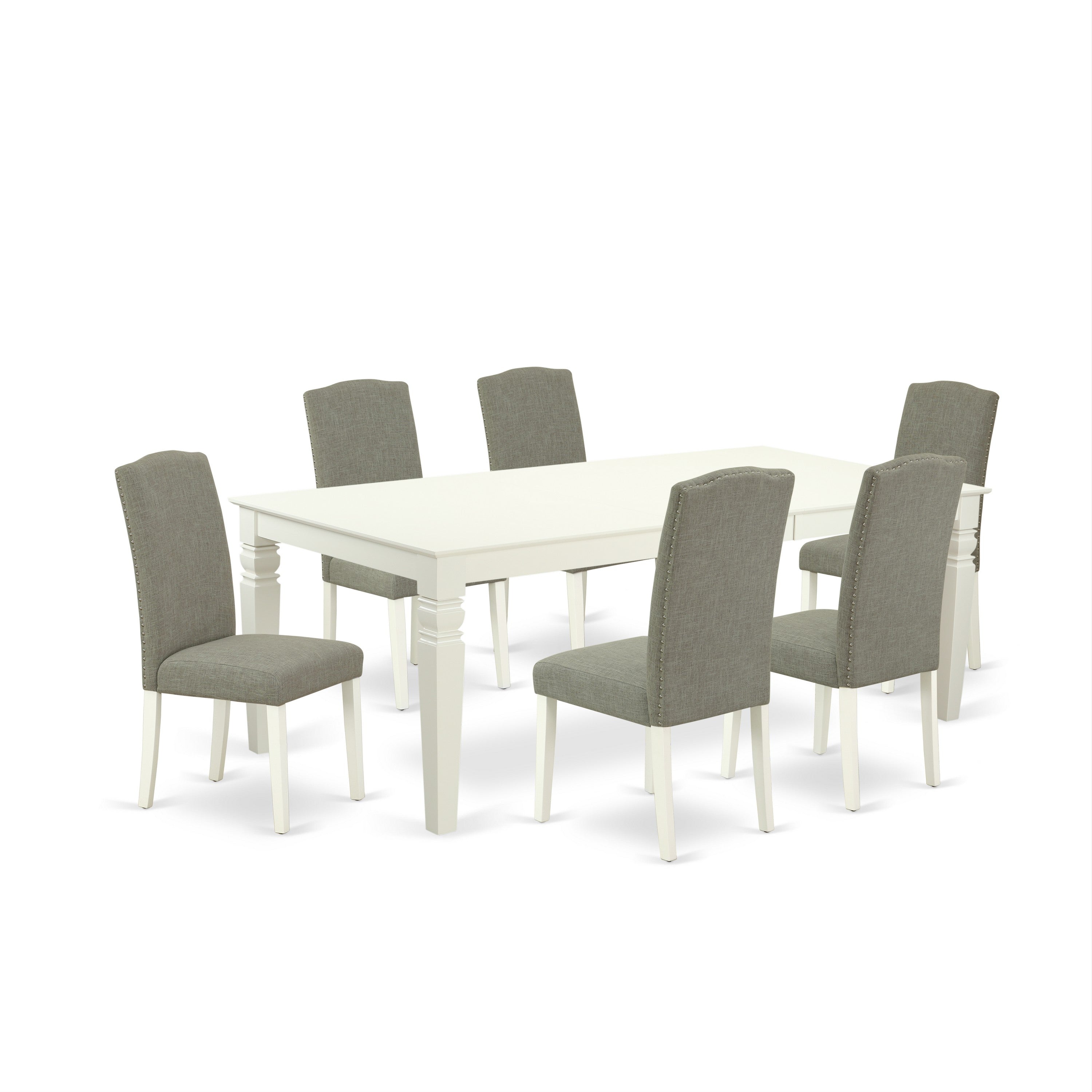 LGEN7-LWH-06 7Pc Rectangle 66/84" Kitchen Table With 18 In Self Storing Butterfly Leaf And Six Parson Chair With Linen White Leg And Linen Fabric Dark Shitake