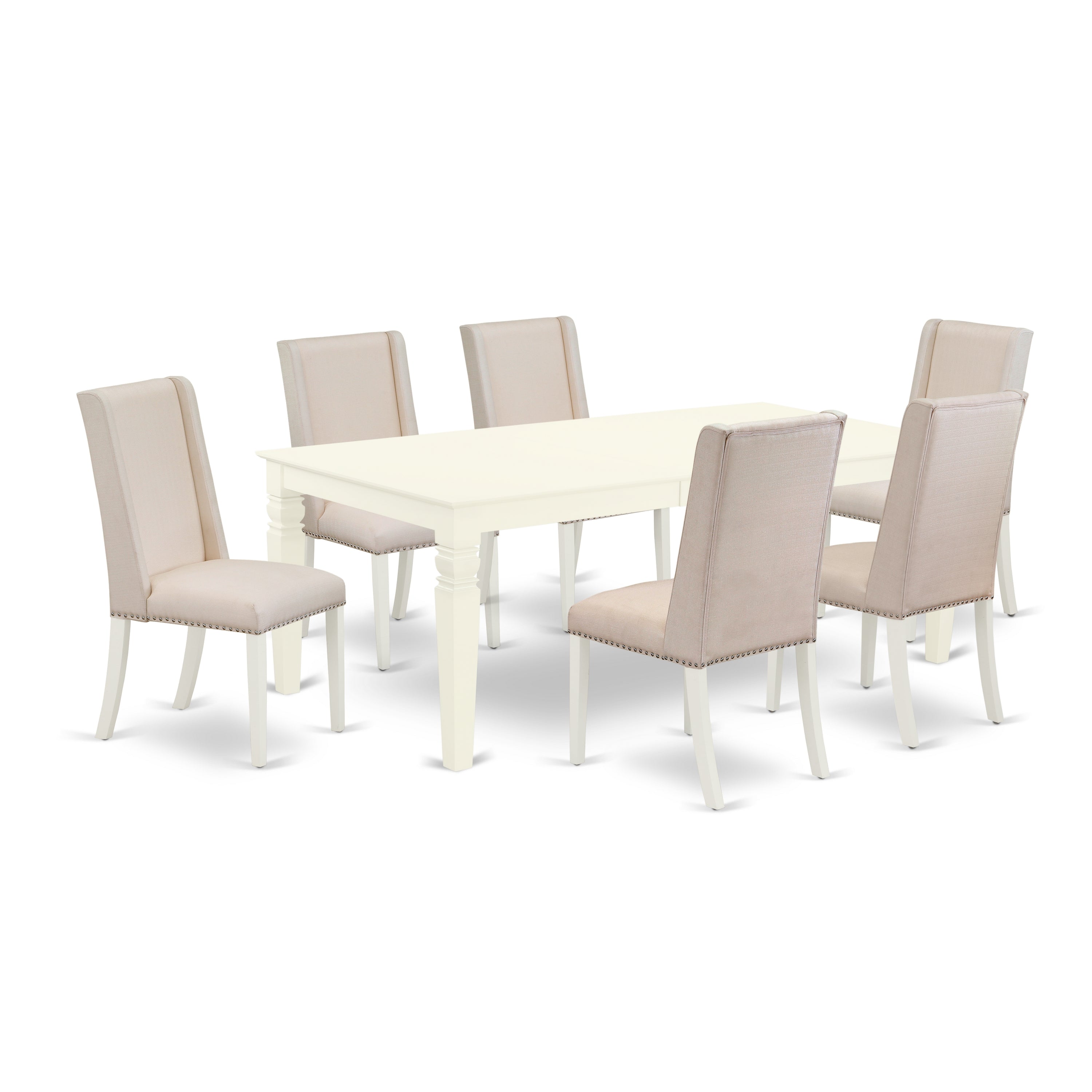 East West Furniture LGFL7-LWH-01 7-Piece dining room table set- 6 parson chairs and rectangular table hardwood structure -high back & Linen White Finish