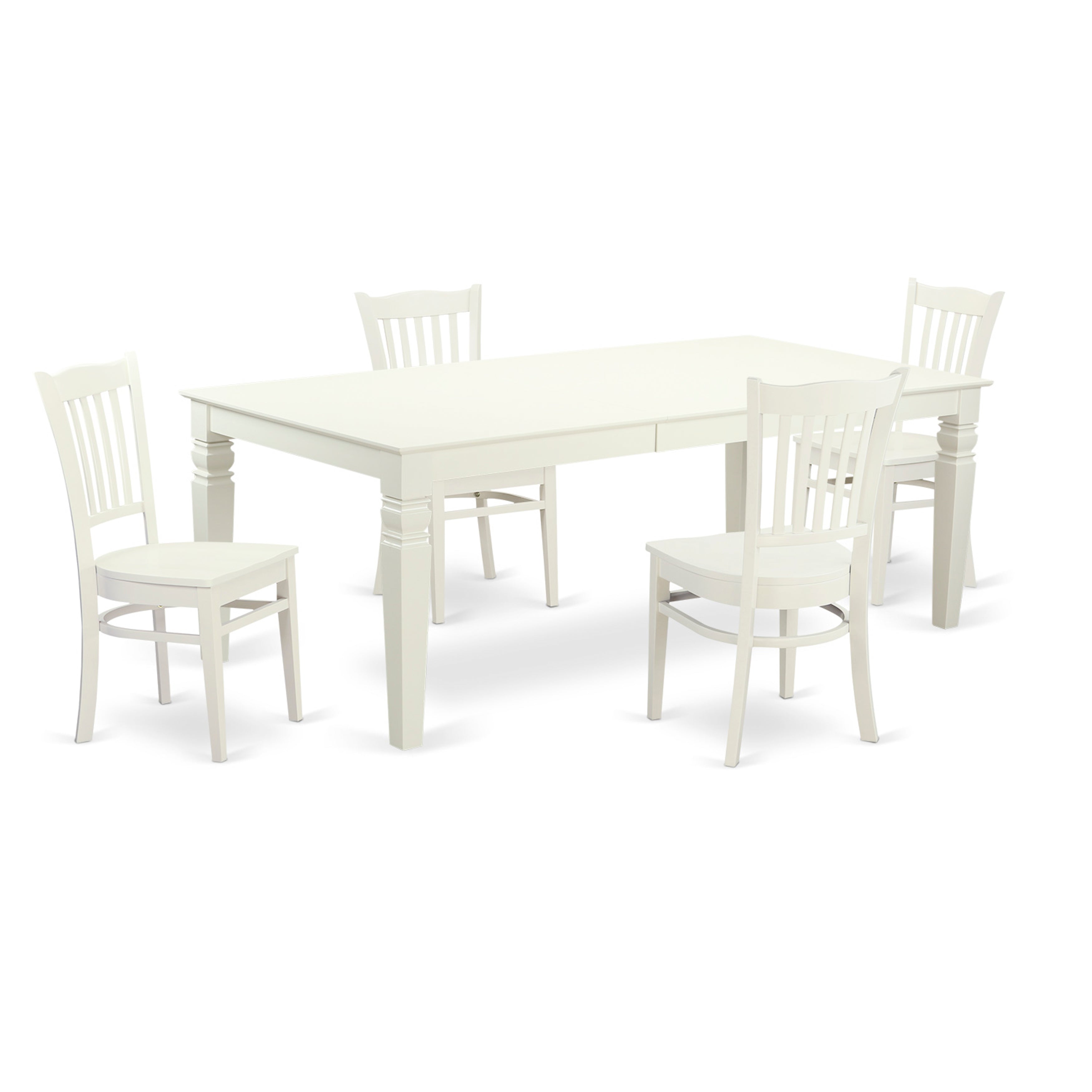 El juego de mesa de comedor de 5 piezas East West Furniture LGGR5-LWH-W incluye una mesa rectangular de madera con diseño de hojas de mariposa y 4 sillas de comedor de cocina.