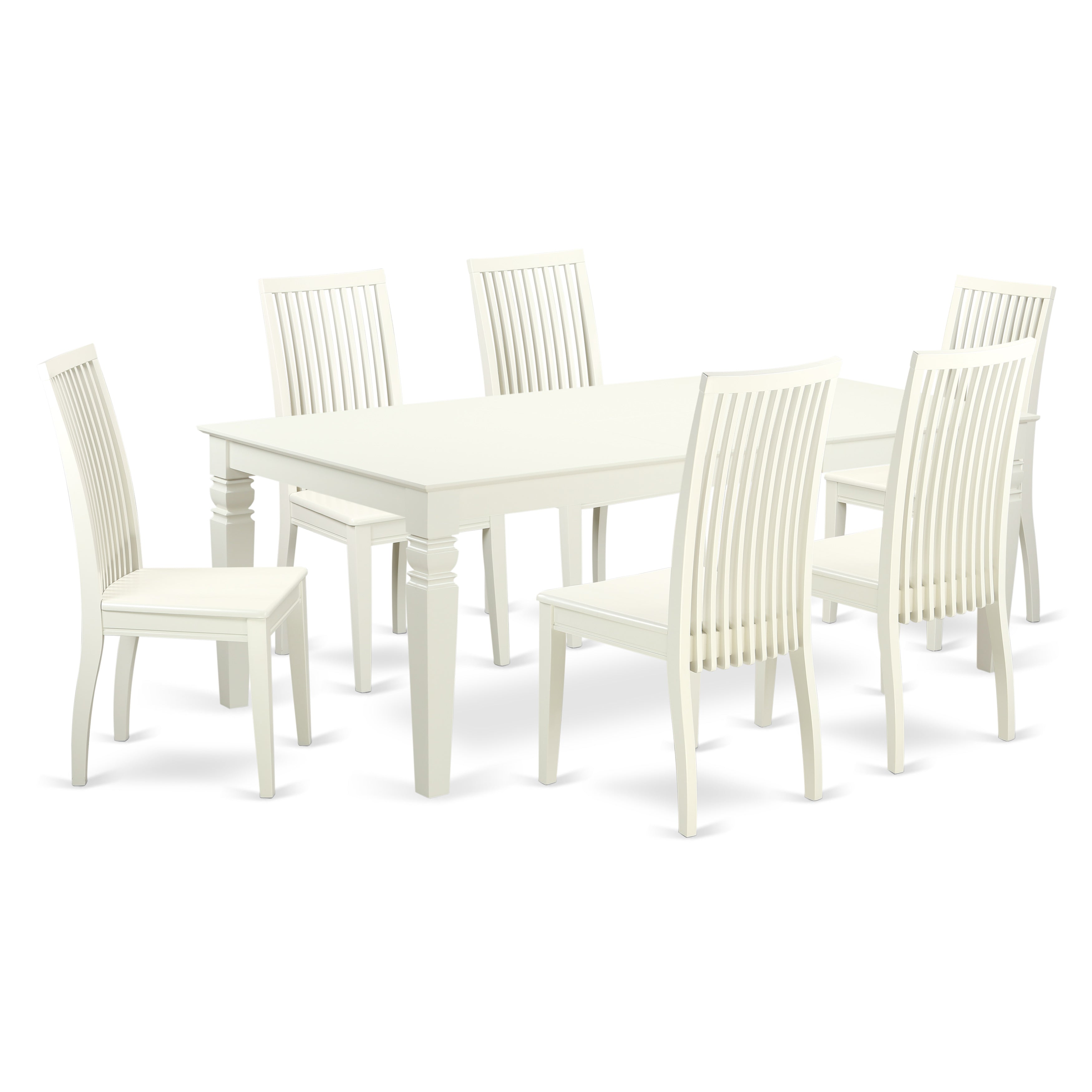 Juego de comedor East West Furniture LGIP7-LWH-W de 7 piezas compuesto por una mesa rectangular con diseño de hojas de mariposa y 6 sillas de madera.