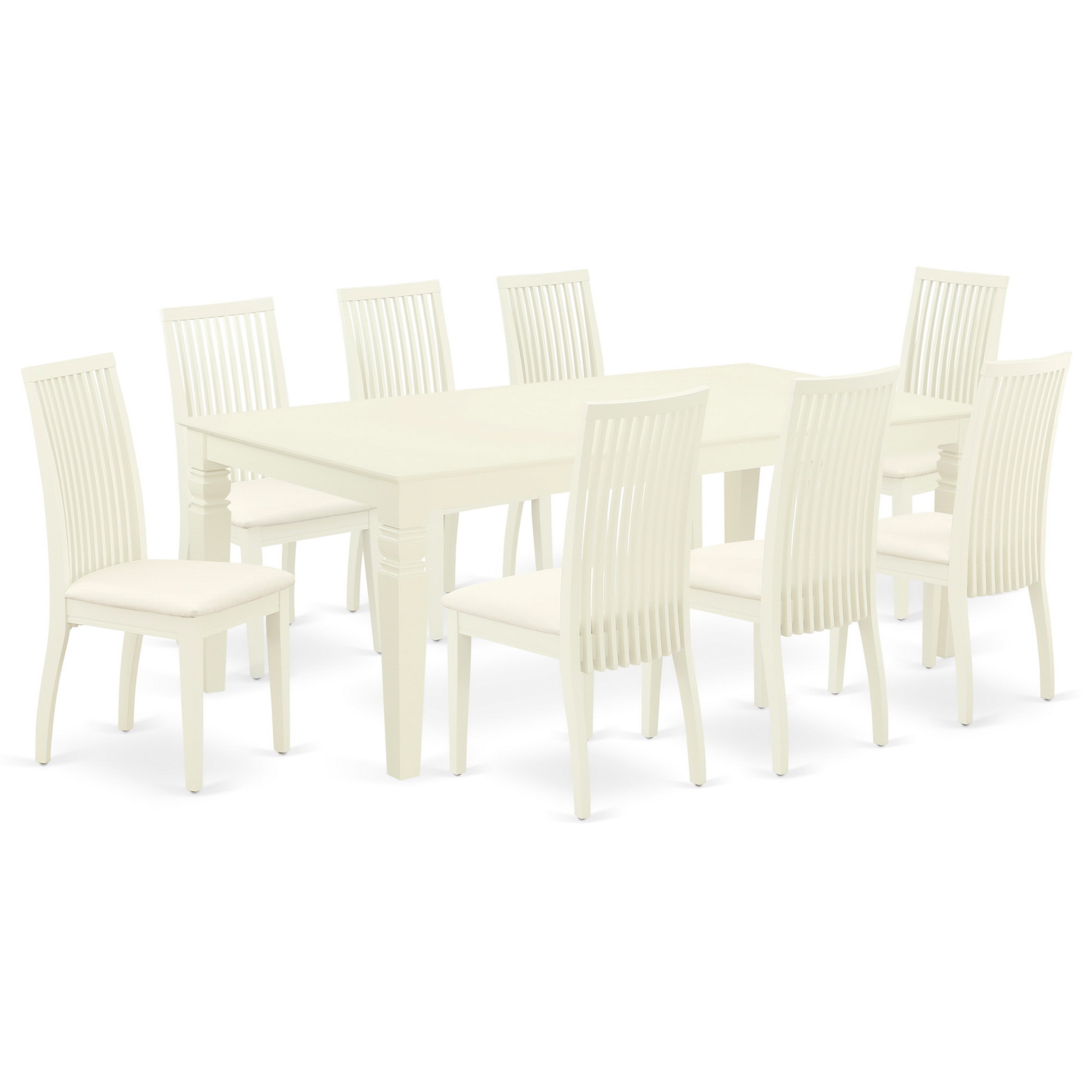 LGIP9-LWH-C 9Pc Dining Set Includes a Rectangle Dining Table with Butterfly Leaf and Eight Linen Seat Dining Chairs, Linen White Finish
