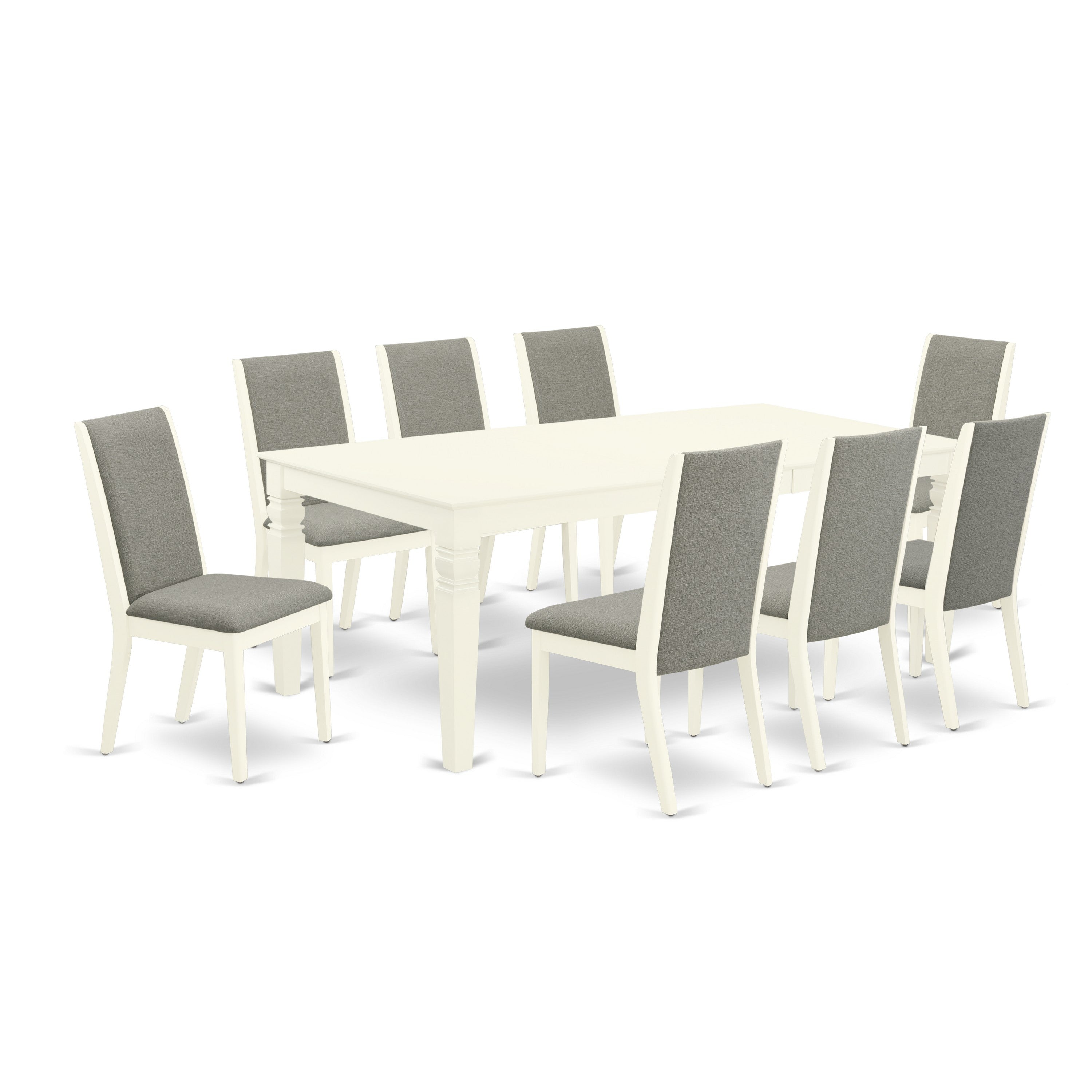 Juego de comedor East West Furniture LGLA9-LWH-06 de 9 piezas. Incluye una mesa rectangular de madera con diseño de hojas de mariposa y 8 sillas Parson de tela de lino Shitake.