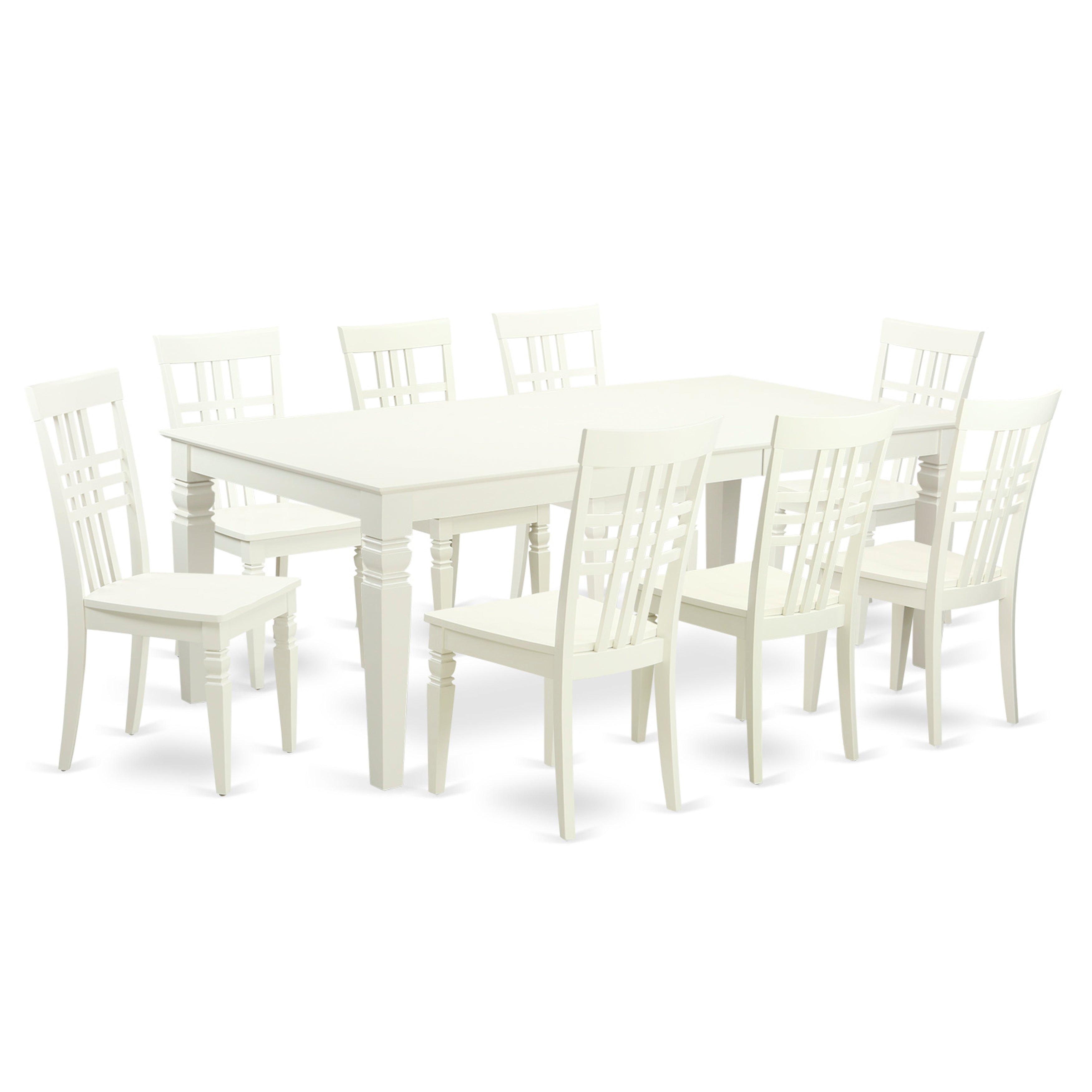 El juego de mesa de comedor East West Furniture LGLG9-LWH-W de 9 piezas incluye una mesa rectangular de madera con diseño de hojas de mariposa y 8 sillas de comedor de cocina.