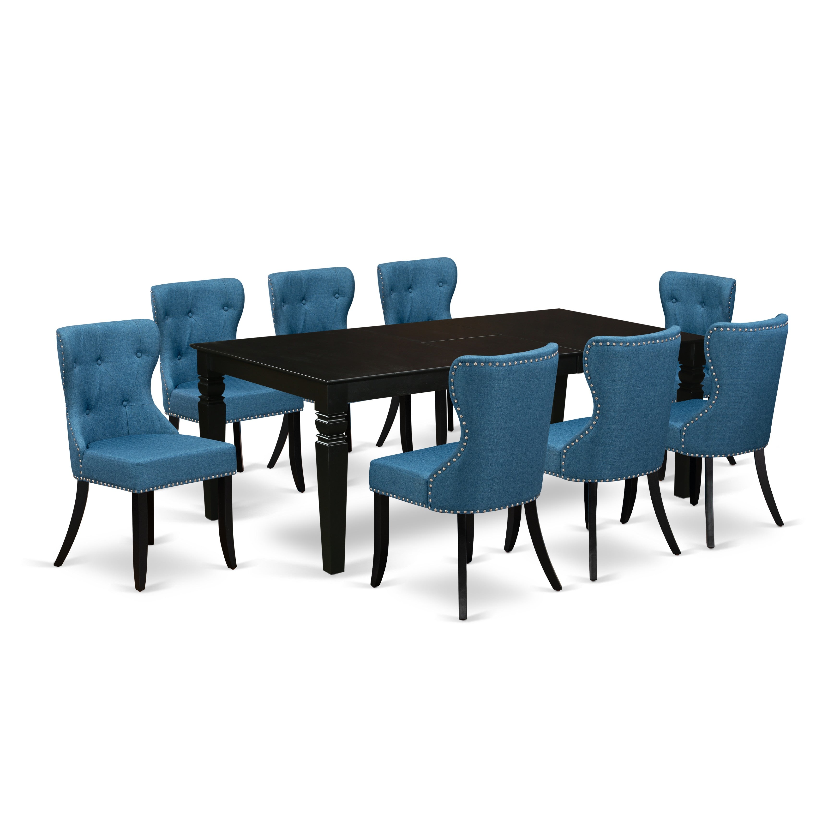 El juego de mesa de comedor East West Furniture LGSI9-BLK-21 de 9 piezas incluye una mesa de comedor rectangular con diseño de hojas de mariposa y 8 sillas tapizadas en tela de lino azul.